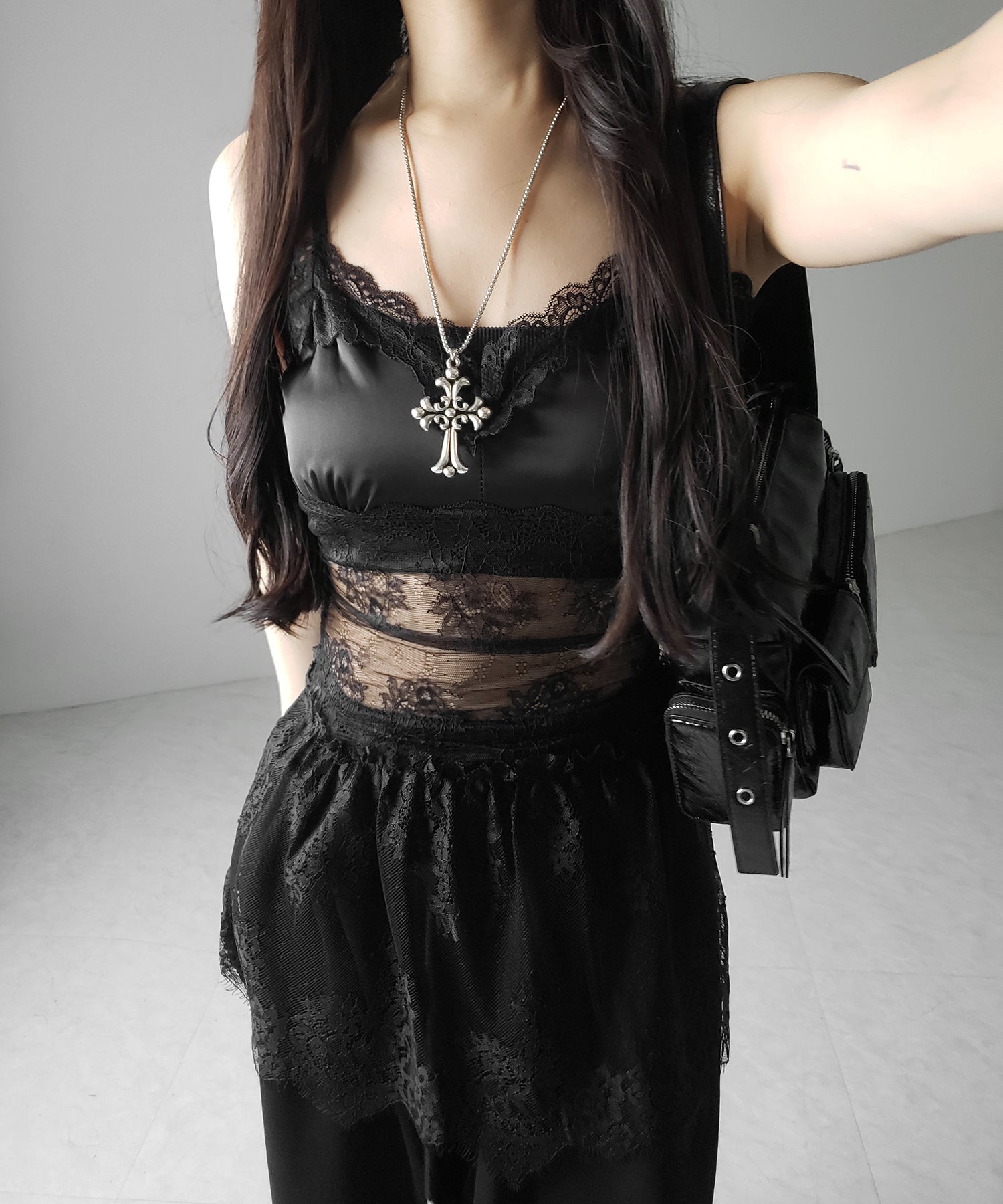 サテンレースドッキングランジェリーチュニックキャミソール / satin lace docking lingerie tunic camisole