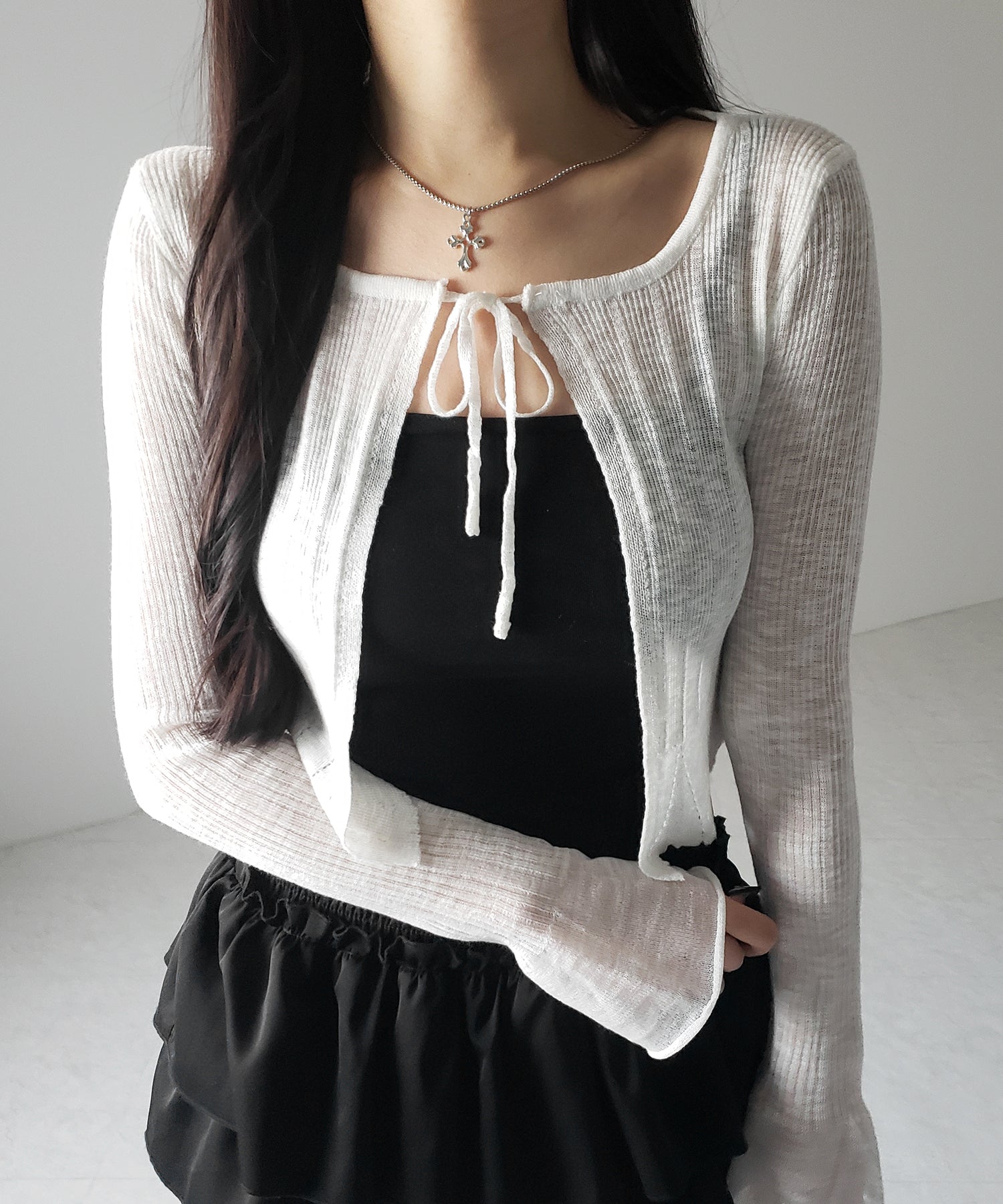 【 2color 】フロントリボンシアーニットショートカーディガン / front ribbon sheer knit short cardigan