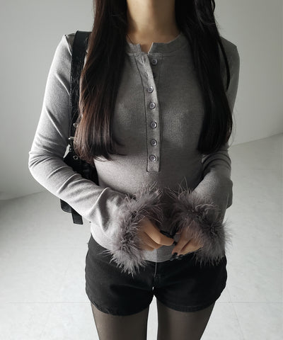 【 2color 】ファースリーブヘンリーネックリブトップス / fur sleeve henley neck lib tops