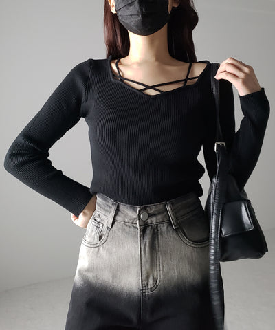 クロスラインストラップデザインリブニット