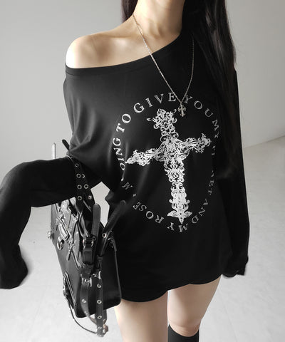 【 ワンショルにできる2way 】クロスロゴプリントワンショルルーズシアーTシャツ / 2WAY cross logo print one shoulder loose sheer T-shirt
