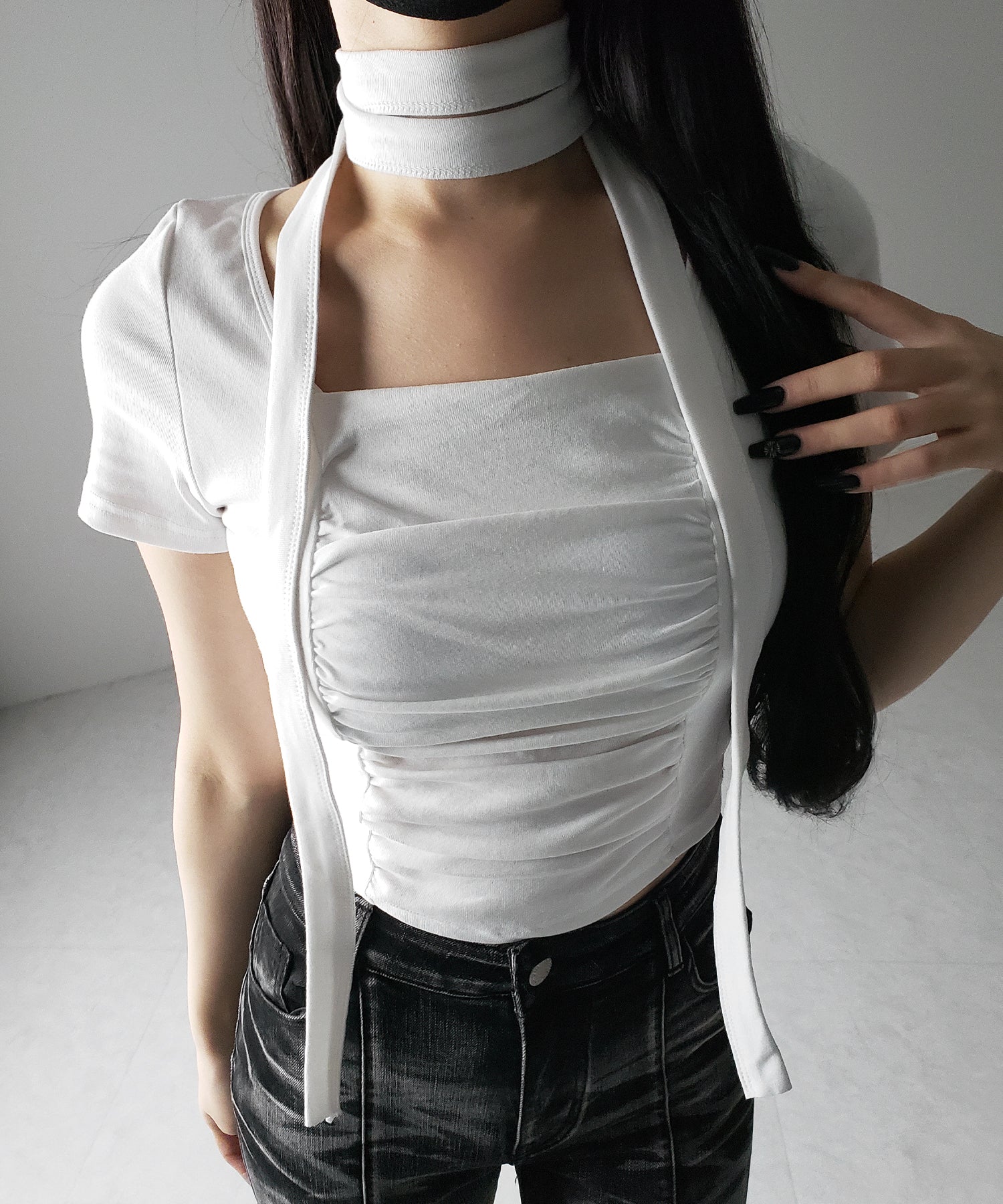 【 2WAY 】チョーカーロングタイ付き スクエアネックギャザースリムTシャツ / choker long tie SET square neck gather slim sleeve T-shirt