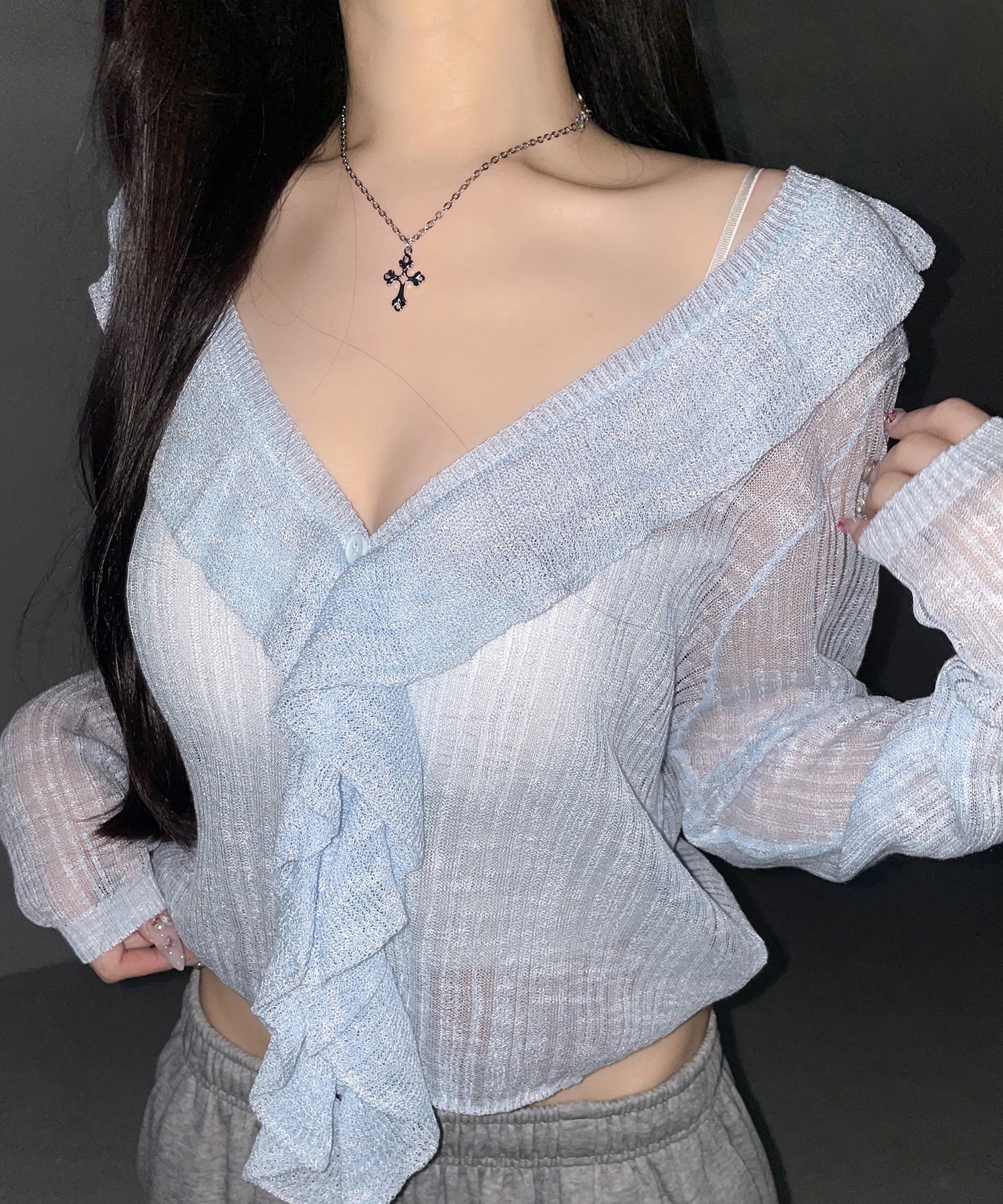 フリルシアールーズニットカーディガン / frill sheer loose knit cardigan