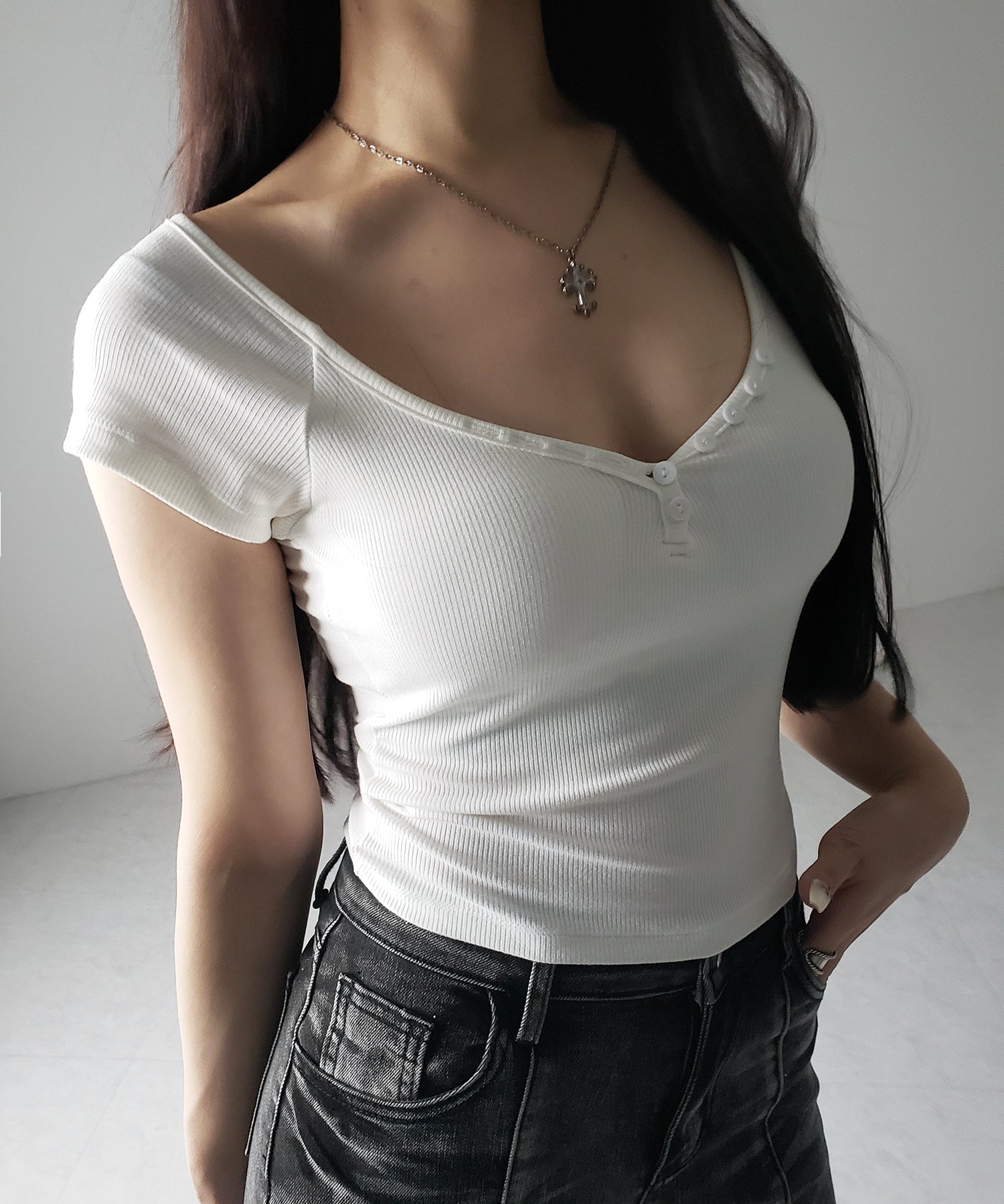 【 3color 】ミニボタンヘンリーネック半袖チビTシャツ / mini button Henley neck short sleeve chibi T-shirt