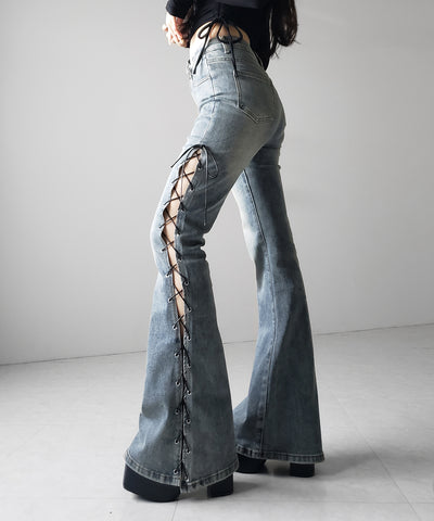 レースアップカットアウトストレッチフレアデニム / lace up cutout stretch flare denim