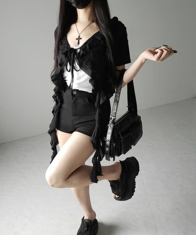 ダメージフリル半袖ショートリボンカーディガン / damage frill short sleeve short ribbon cardigan