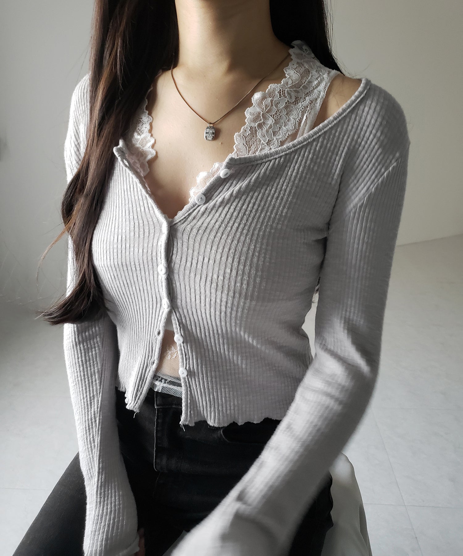 【 2点セット 】レイヤードレースシアーリブカットソーカーディガン / layered lace sheer rib cut and sew cardigan