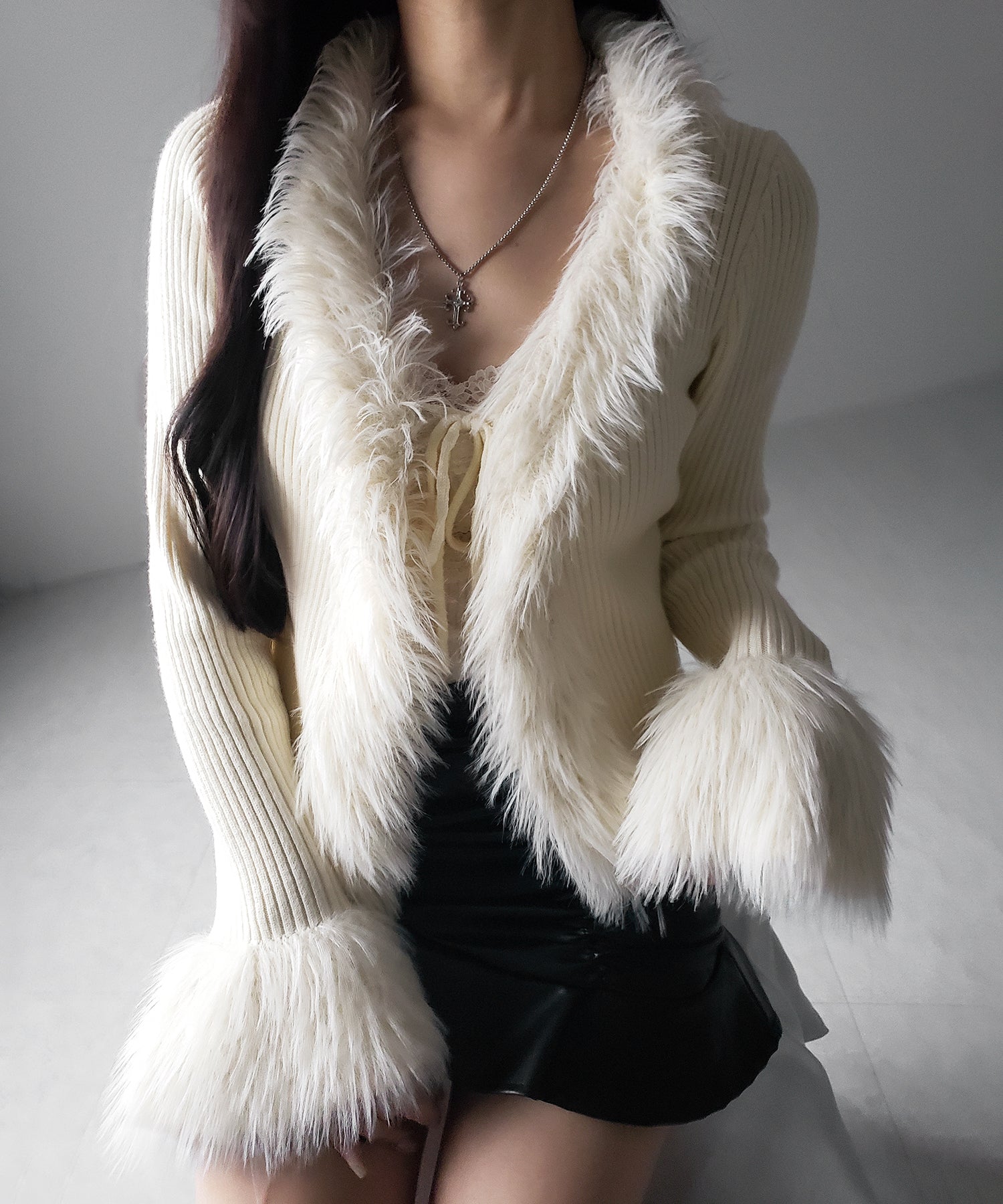 シャギーファードッキングリブニットカーディガン / shaggy fur docking rib knit cardigan