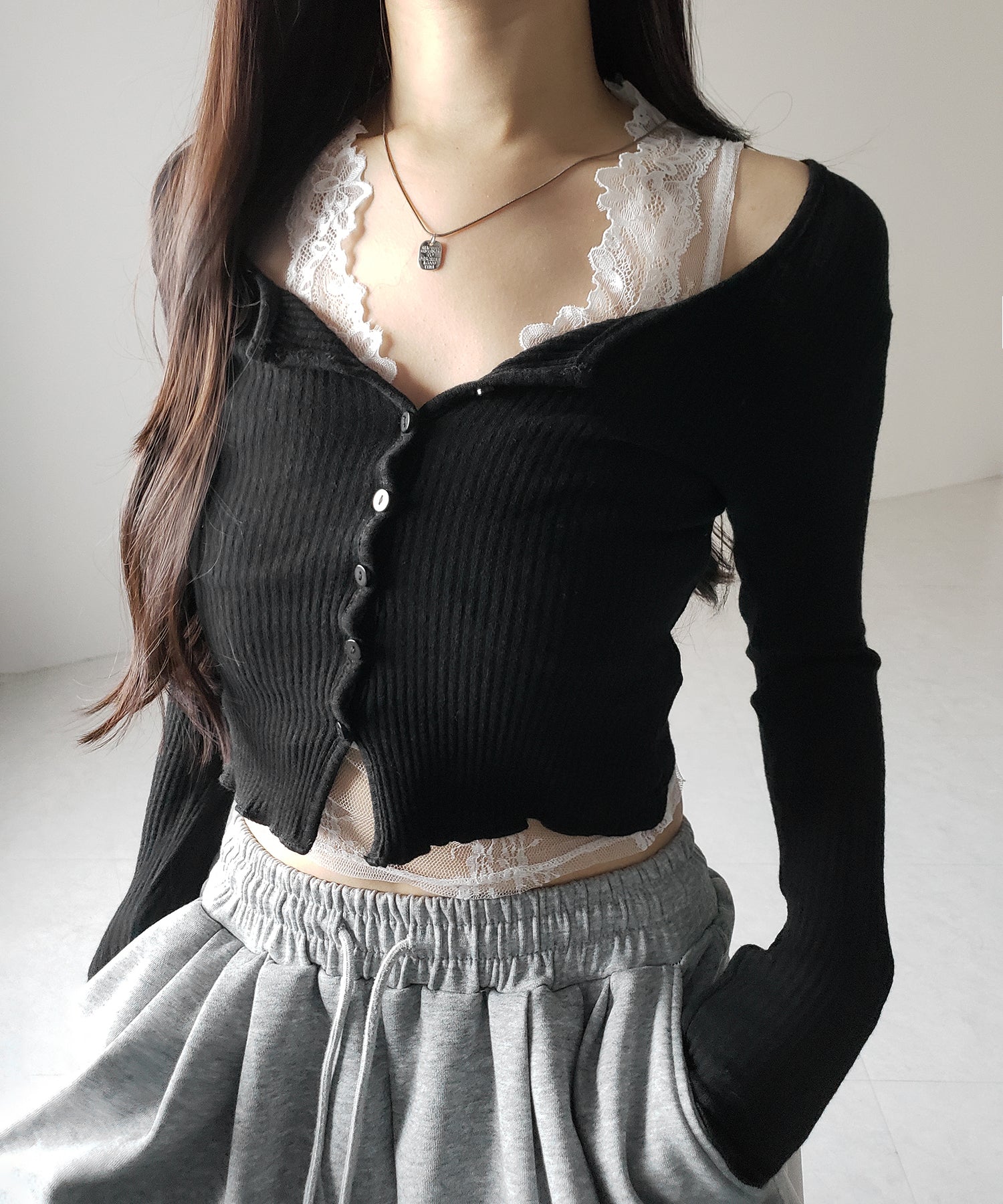 【 2点セット 】レイヤードレースシアーリブカットソーカーディガン / layered lace sheer rib cut and sew cardigan