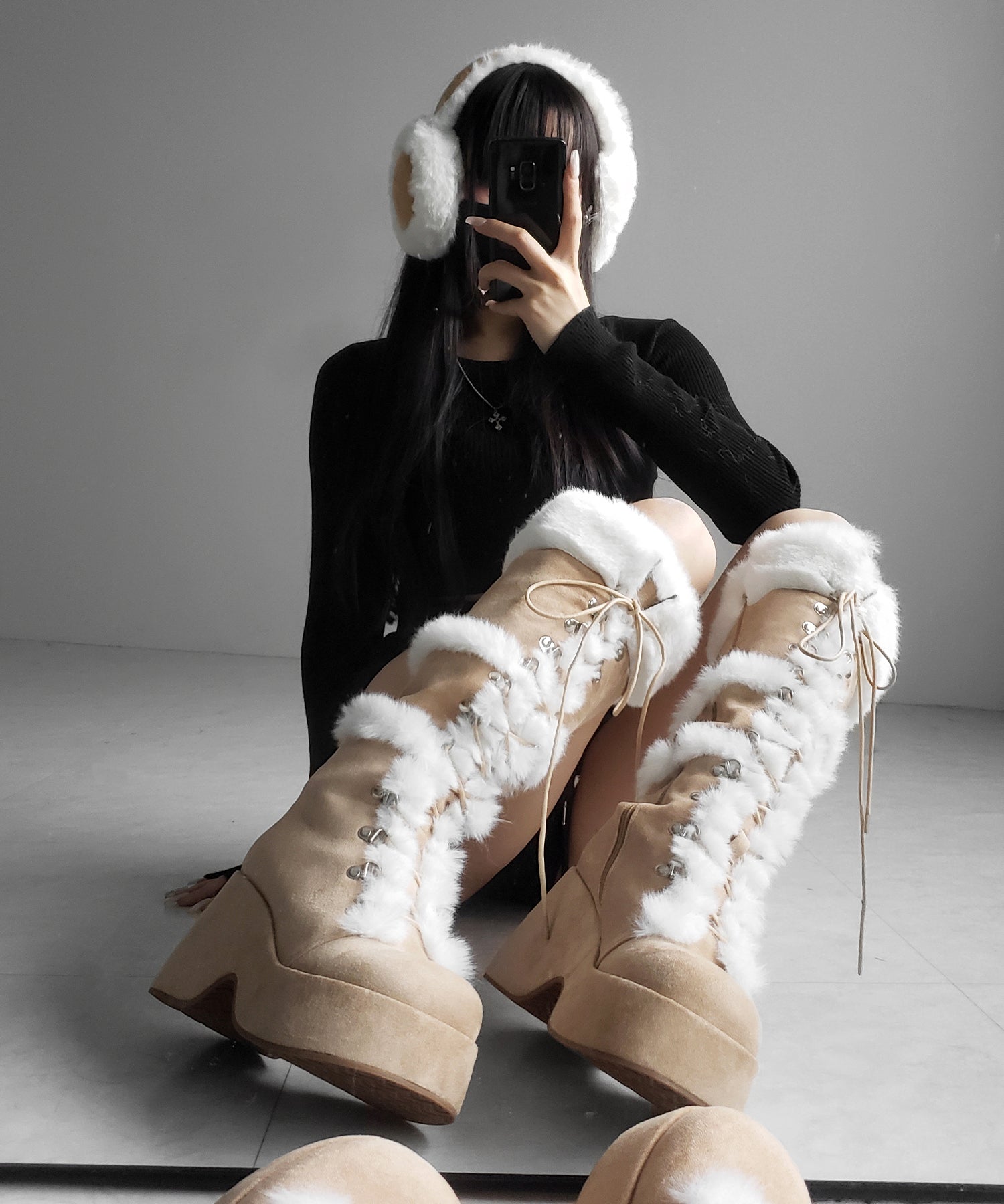 厚底レースアップムートンロングブーツ / platform laceup mouton long boots
