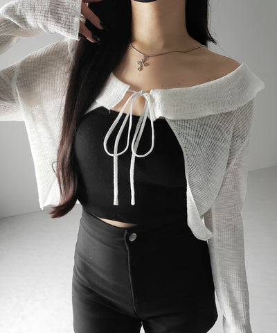【 2color 】襟付きフロントリボンシアーニットショートカーディガン / collar front ribbon sheer knit short cardigan