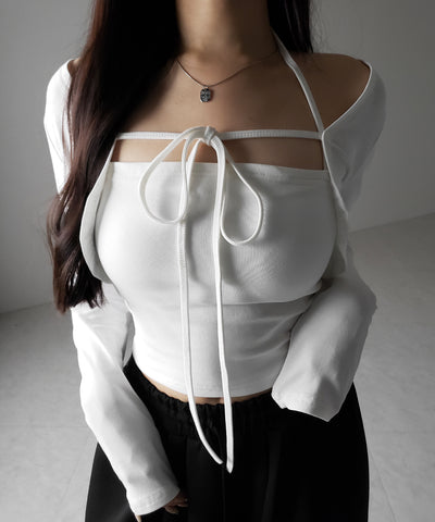 【 2点セット 】フロントリボン長袖ショートカーディガン+ ホルターキャミソール SET / front ribbon longsleeve short cardigan + halter camisole SET