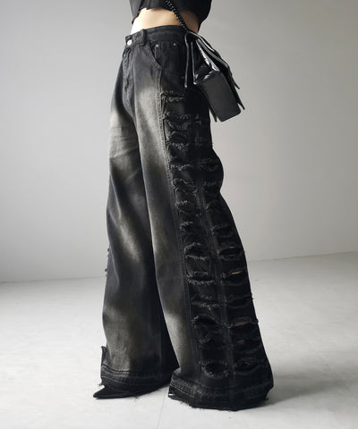 ヘビークラッシュサイドダメージブラックヴィンテージデニム / heavy crush side damage black vintage denim