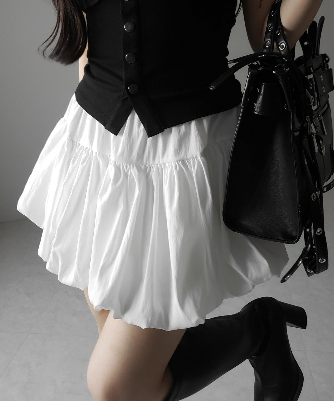【 2color /インパン裏地付き 】ティアードコットンバルーンミニスカート / tiered cotton balloon mini skirt