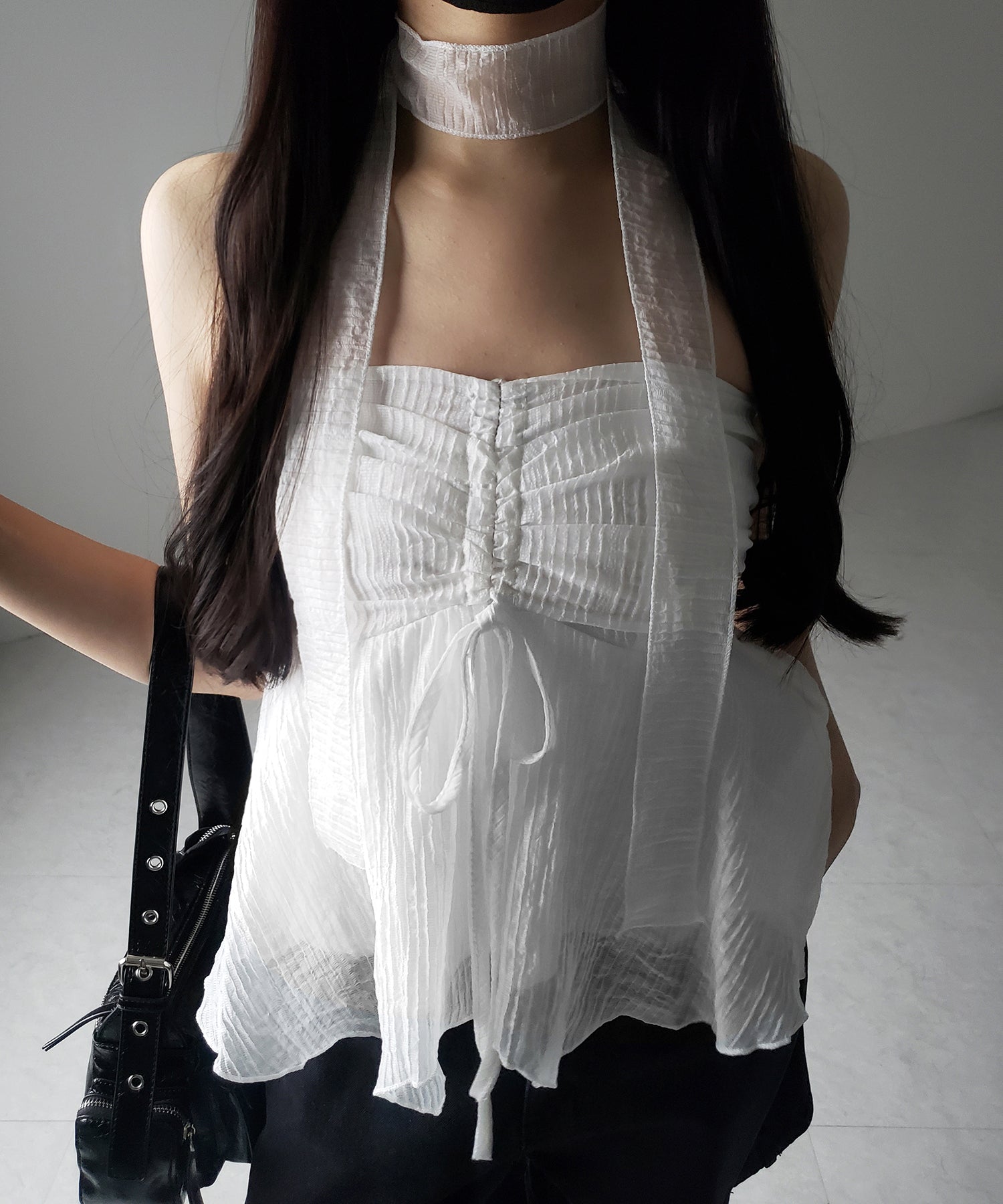 【 チョーカータイ付 】シャーリングリボンペプラムシフォンビスチェトップス / choker tie set shirring ribbon peplum chiffon bustier tops