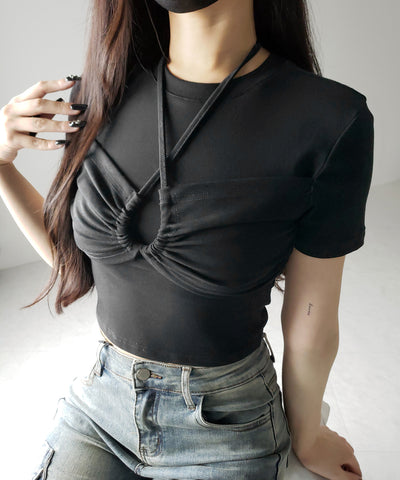 クロスネックレイヤードシャーリングTシャツ / cross neck layered shirring T-shirt