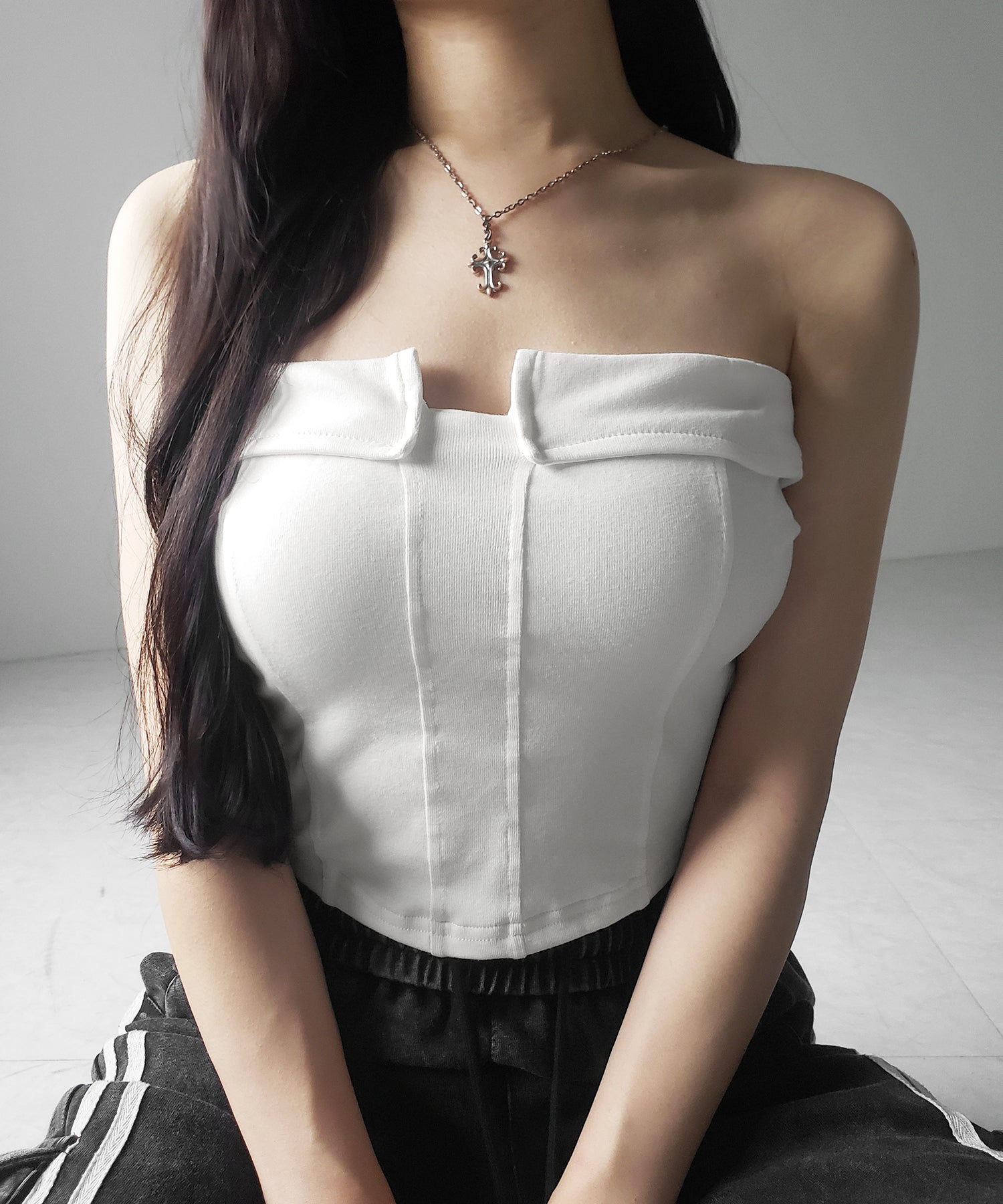 【 カップ付き 】コルセットスリムライン切替ベアトップス / corset slim line switching bare tops