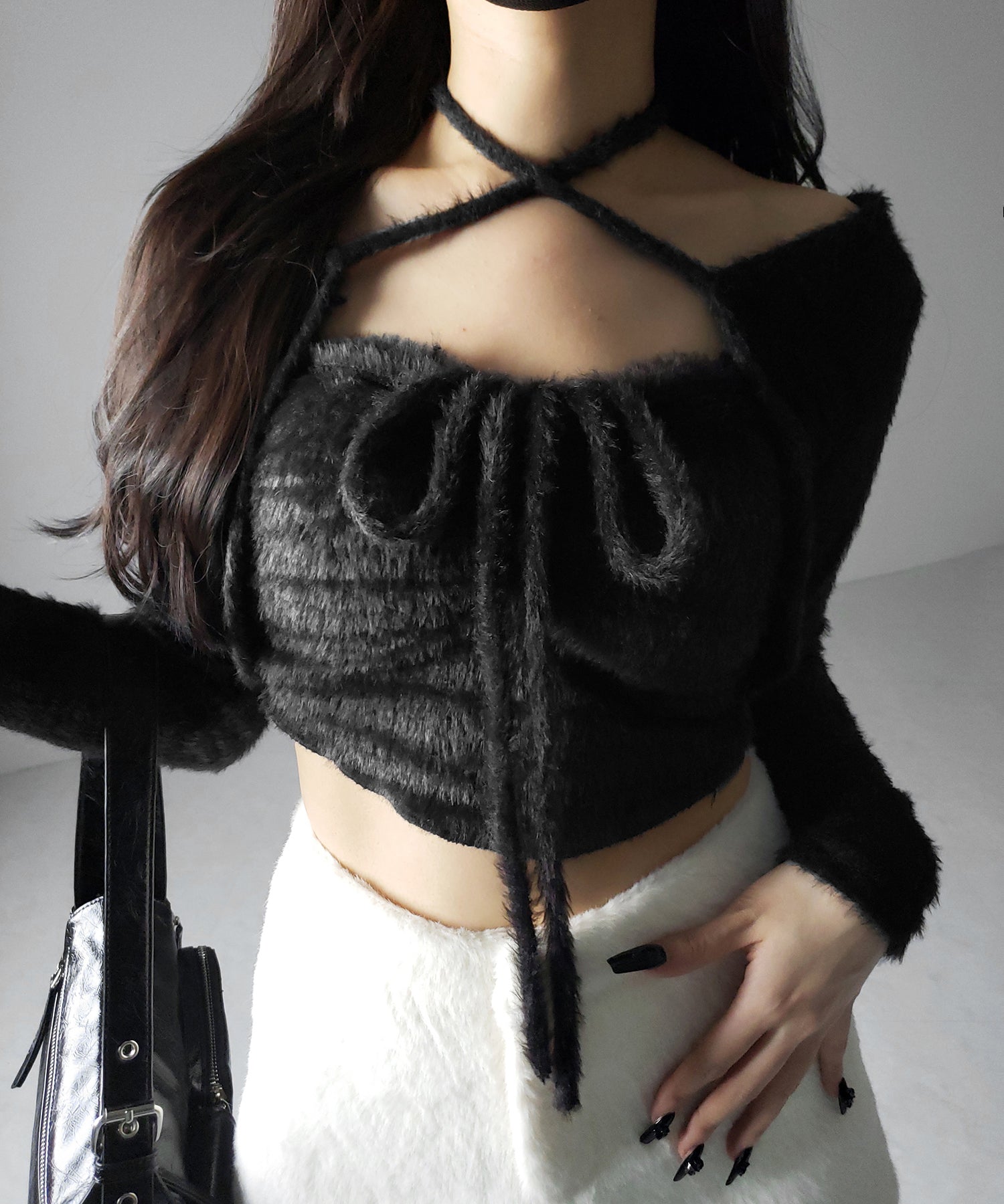 【 2点セット 】シャギーリボンベアトップス & ショートシャギーカーディガン SET / Shaggy ribbon bare tops & short shaggy cardigan