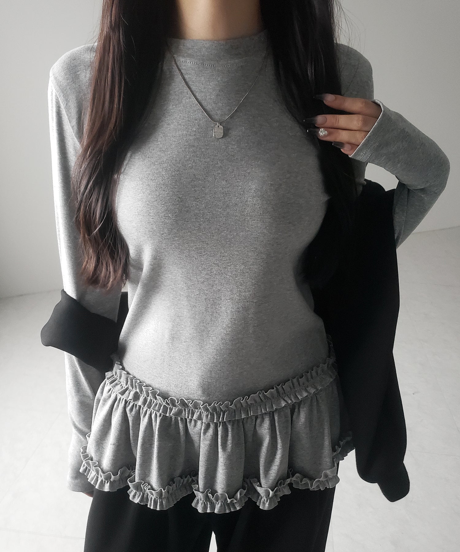 【 3color 】裾フリルレイヤード長袖トップス / hem frill layered long sleeve tops