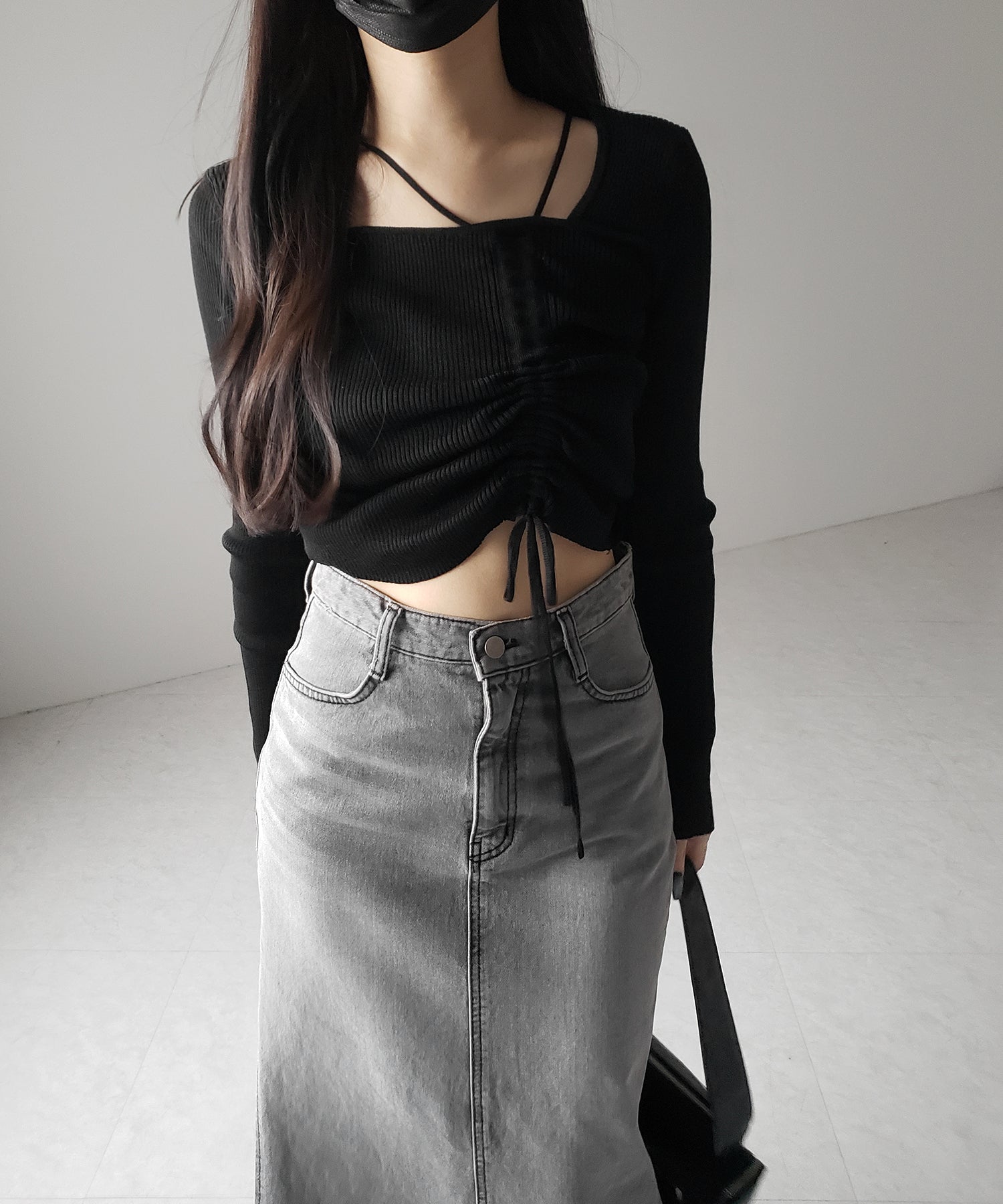 ダブルストラップシャーリングリボンリブニットトップス / double strap shirring ribbon ribbed knit tops