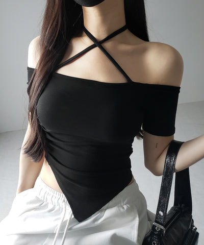クロスネックアシメギャザーオフショルTシャツ / cross neck asymmetry gather off shoulder T-shirt