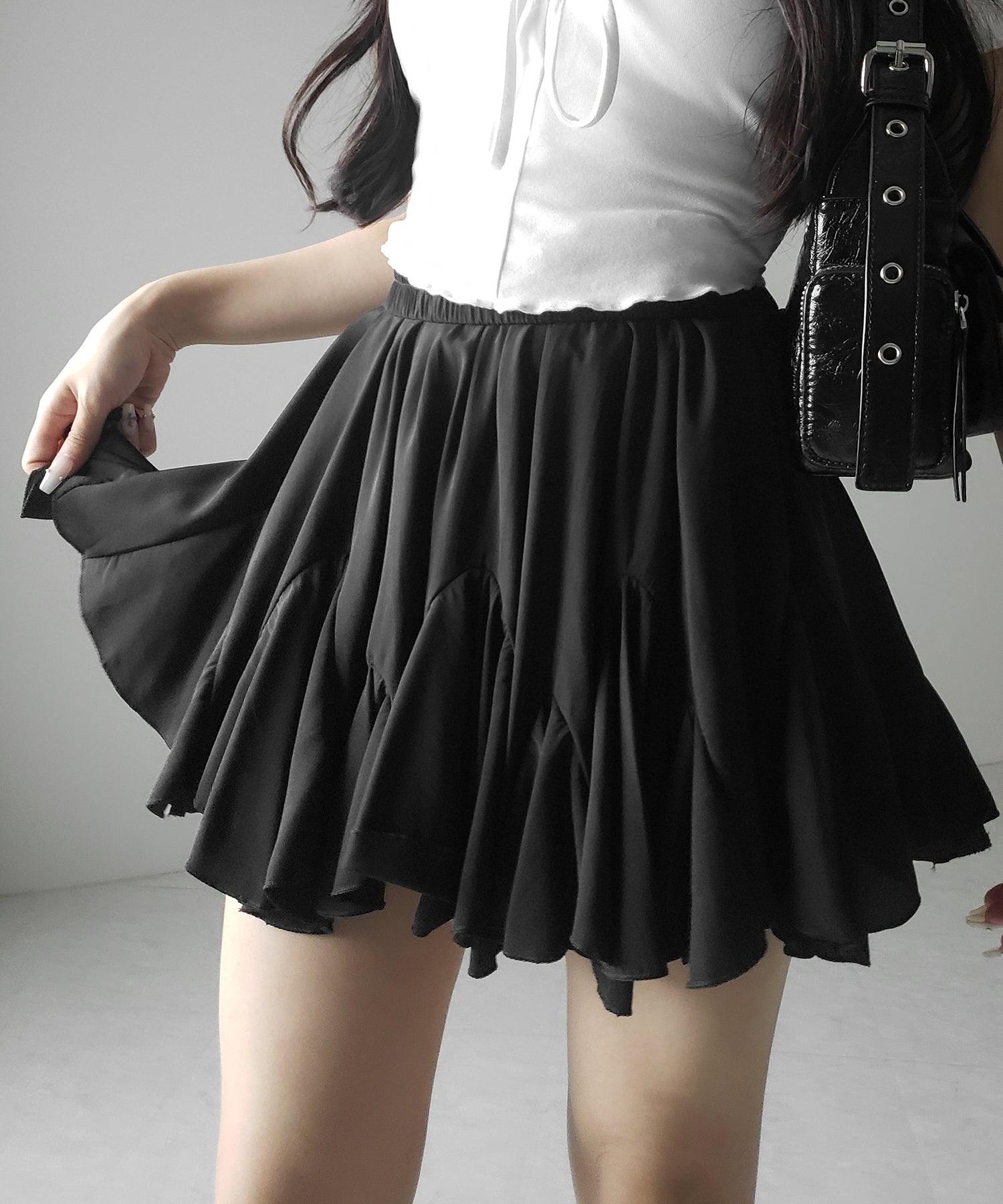 【 2color /インパン裏地付き 】ハイウエストドレープフレアミニスカート / high waist draped flare mini skirt