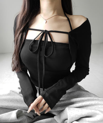 【 2点セット 】フロントリボン長袖ショートカーディガン+ ホルターキャミソール SET / front ribbon longsleeve short cardigan + halter camisole SET