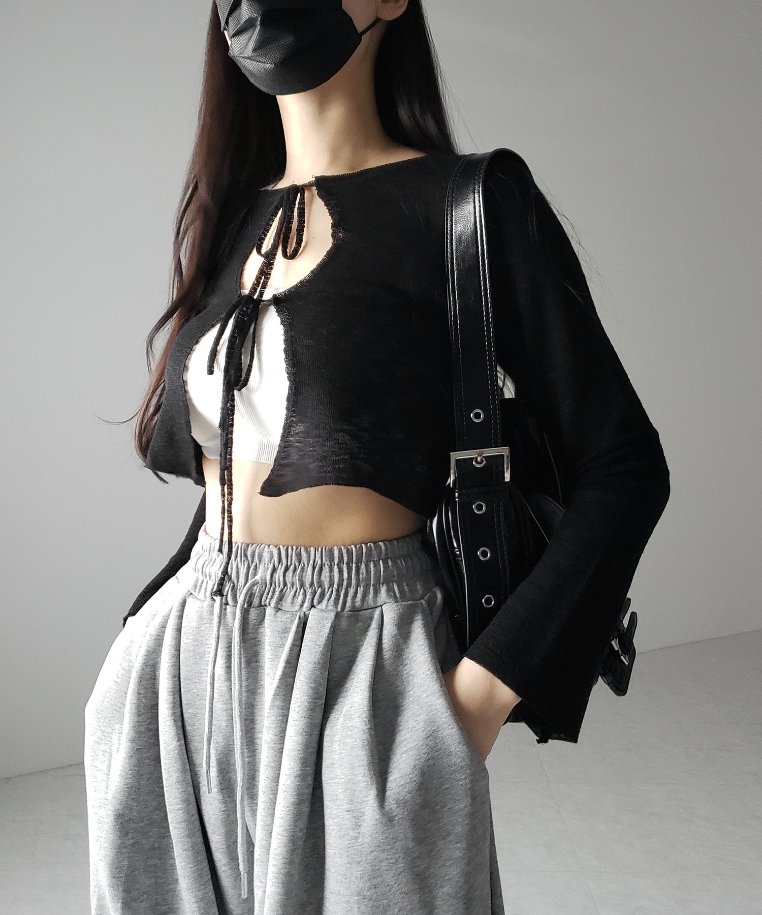 ダブルリボンシアーニットショートカーディガン / double ribbon sheer knit short cardigan