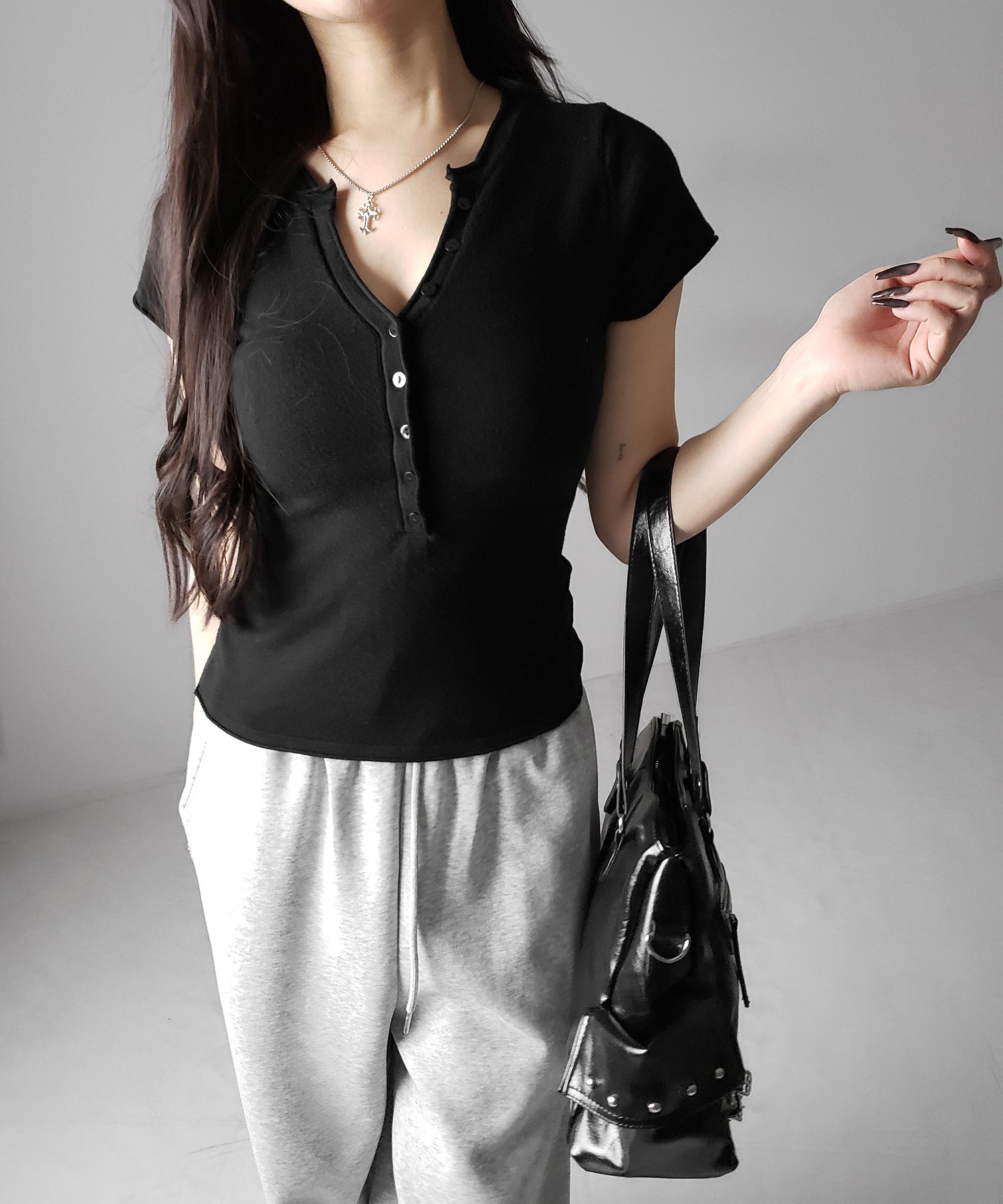 ヘンリーネック半袖ぴちニットトップス / henley neck short sleeve pichi knit tops