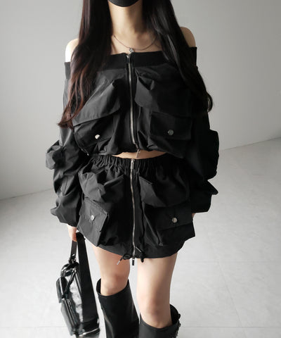 【 セットアップ 】アウトポケットオフショルカーゴブルゾン & ダブルジップカーゴミニスカート SET / out pocket off shoulder cargo blouson & double zip cargo mini skirt SET
