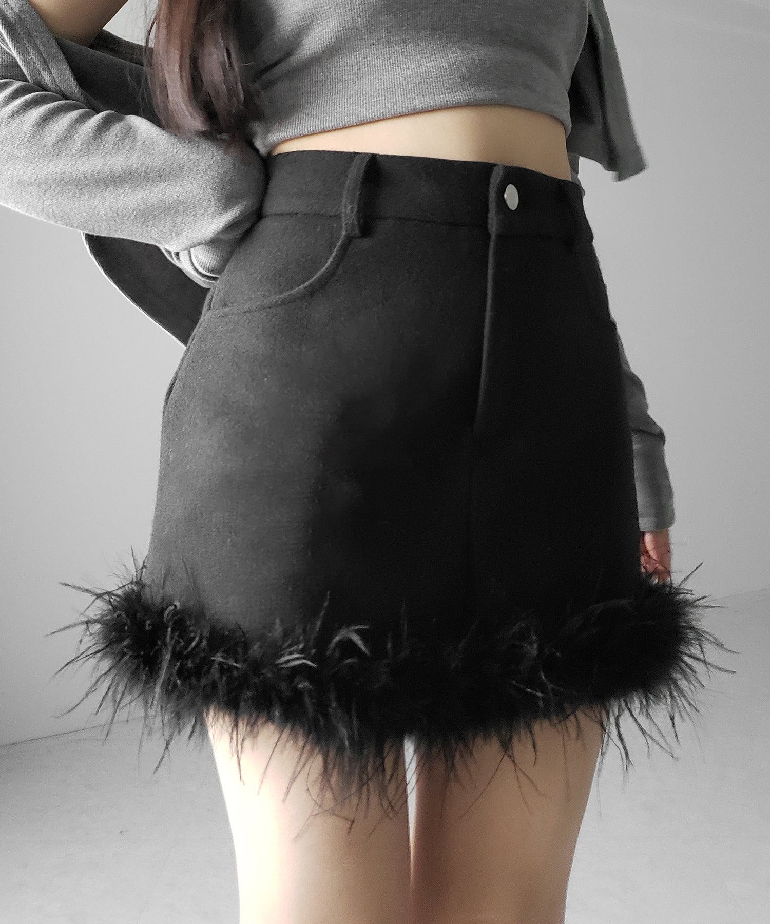 【 インナーパンツ裏地付 】ファードッキングウールライクレディミニスカート / fur docking woollike lady mini skirt