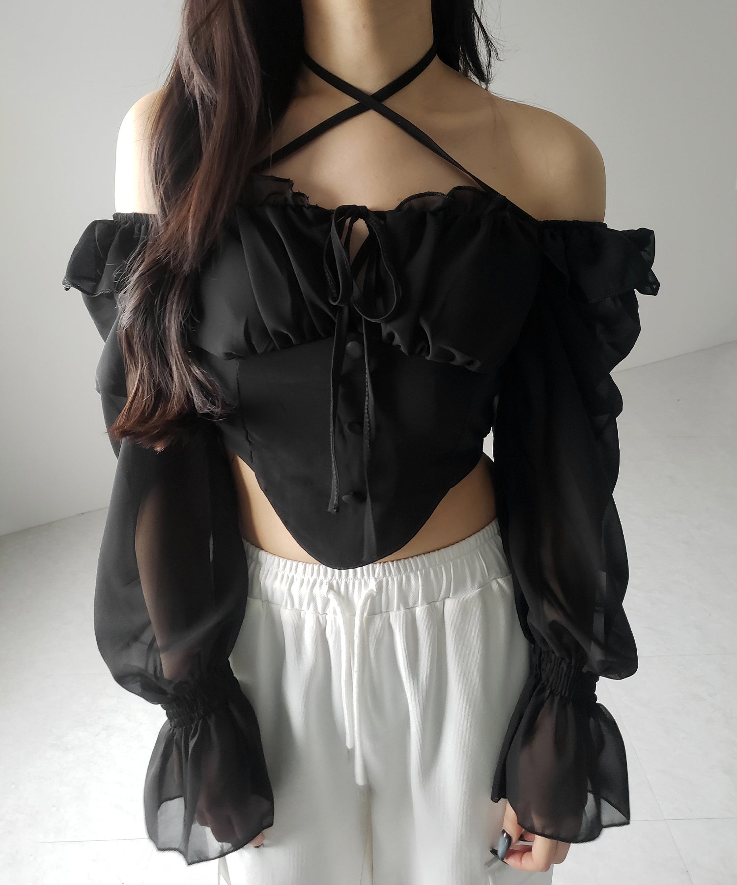 【 2WAY 】フロントリボンクロスネックオフショルシフォンブラウス / front ribbon cross neck off-shoulder chiffon blouse