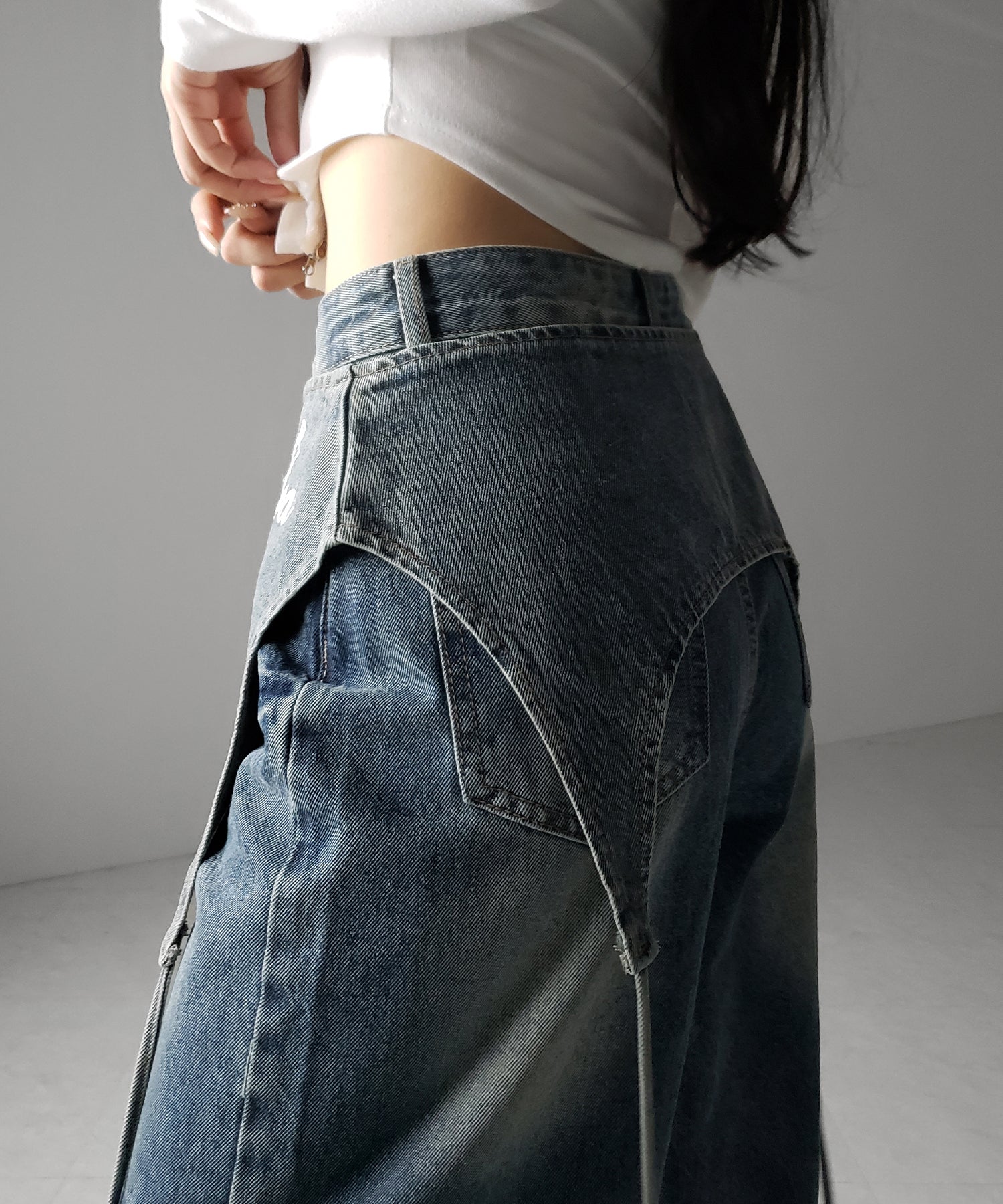 【 2WAY 】レタリングロゴ刺繍ガーターヴィンテージワイドデニム / lettering logo embroidery garter vintage wide denim