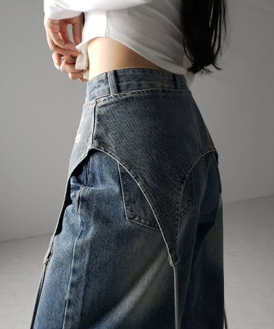 【 2WAY 】レタリングロゴ刺繍ガーターヴィンテージワイドデニム / lettering logo embroidery garter vintage wide denim
