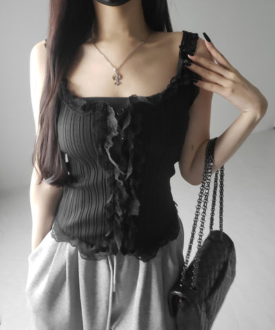 レースフリルドッキングリブニットキャミタンク / lace frill docking lib knit cami tank