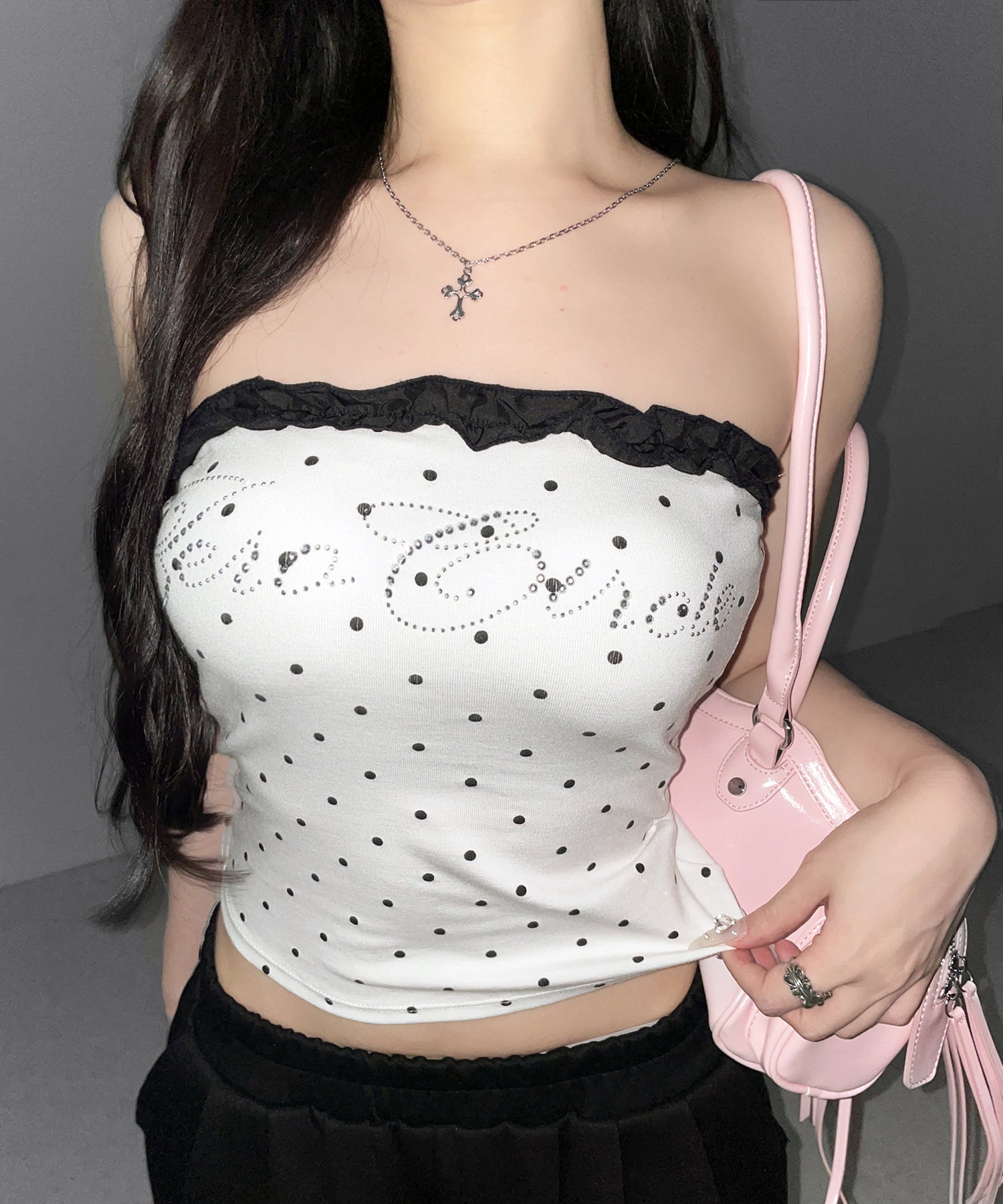ラインストーンドットフリルベアトップス / Rhinestone dot frill bare tops