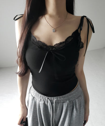 3サテンリボンレースリブキャミソール / three satin ribbon lace lib camisole