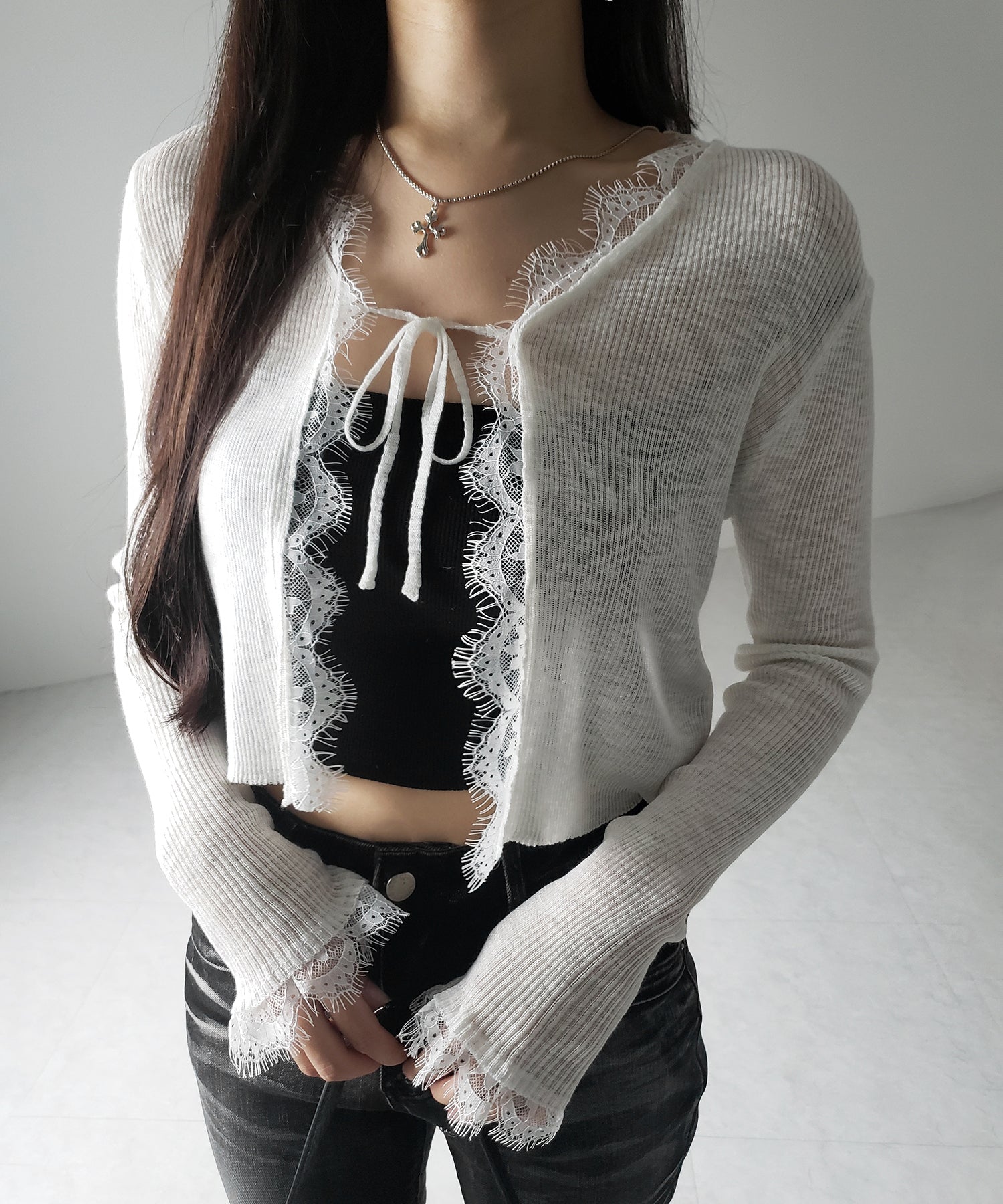 レースドッキングフロントリボンシアーニットカーディガン / lace docking front ribbon sheer knit cardigan