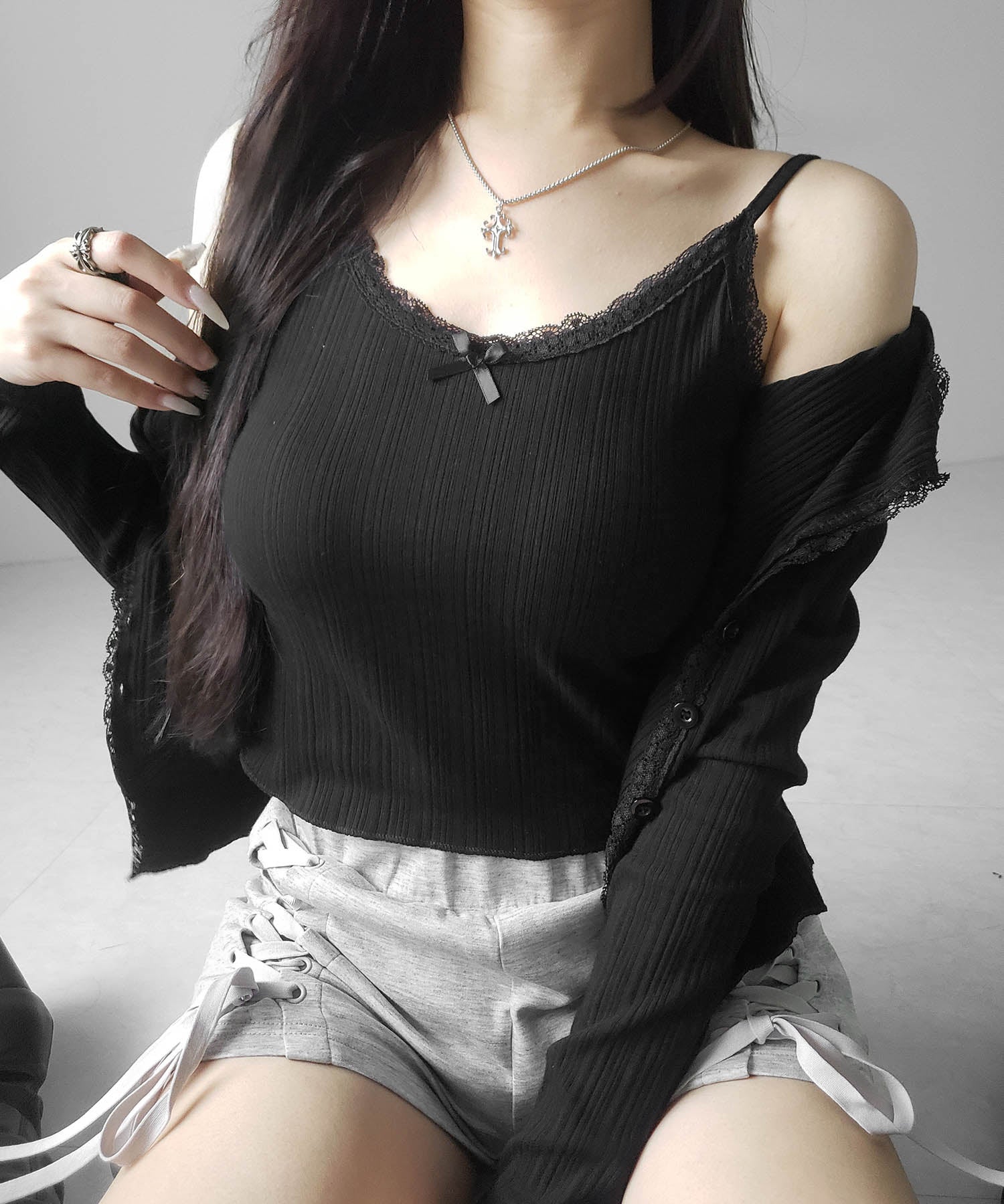 【 2点セット 】フロントリボンレース切替リブキャミソール + カーディガンセット /front ribbon lace lib camisole + cardigan SET