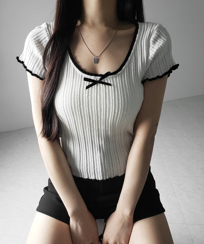 ミニリボンオープンネック半袖ニットトップス / mini ribbon open neck short sleeve knit tops