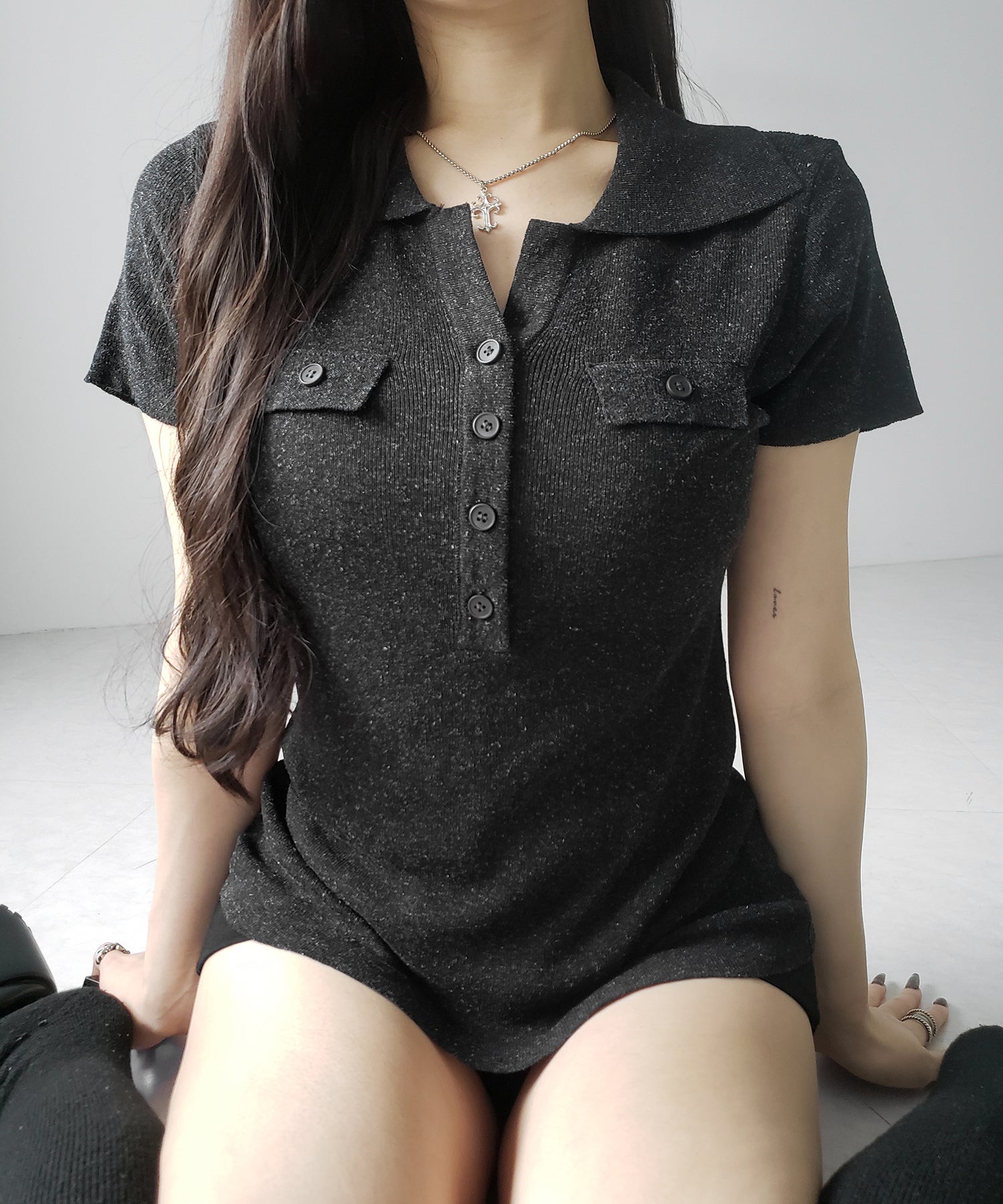 スキッパーボタンロングシアーニットトップス / skipper button long sheer knit tops