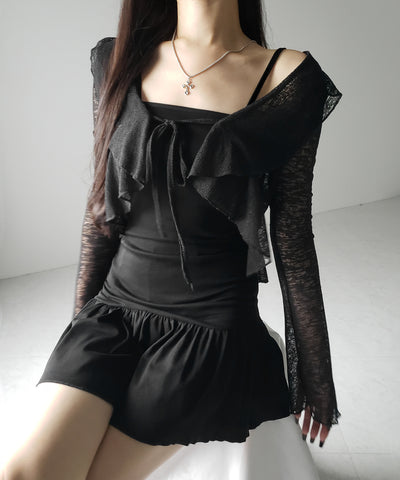 【 2点セット 】フレアキャミワンピ &シアーフリルリボンカーディガン ワンホンセットアップ / flare camisole onepiece & sheer frill ribbon cardigan wanghong SETUP
