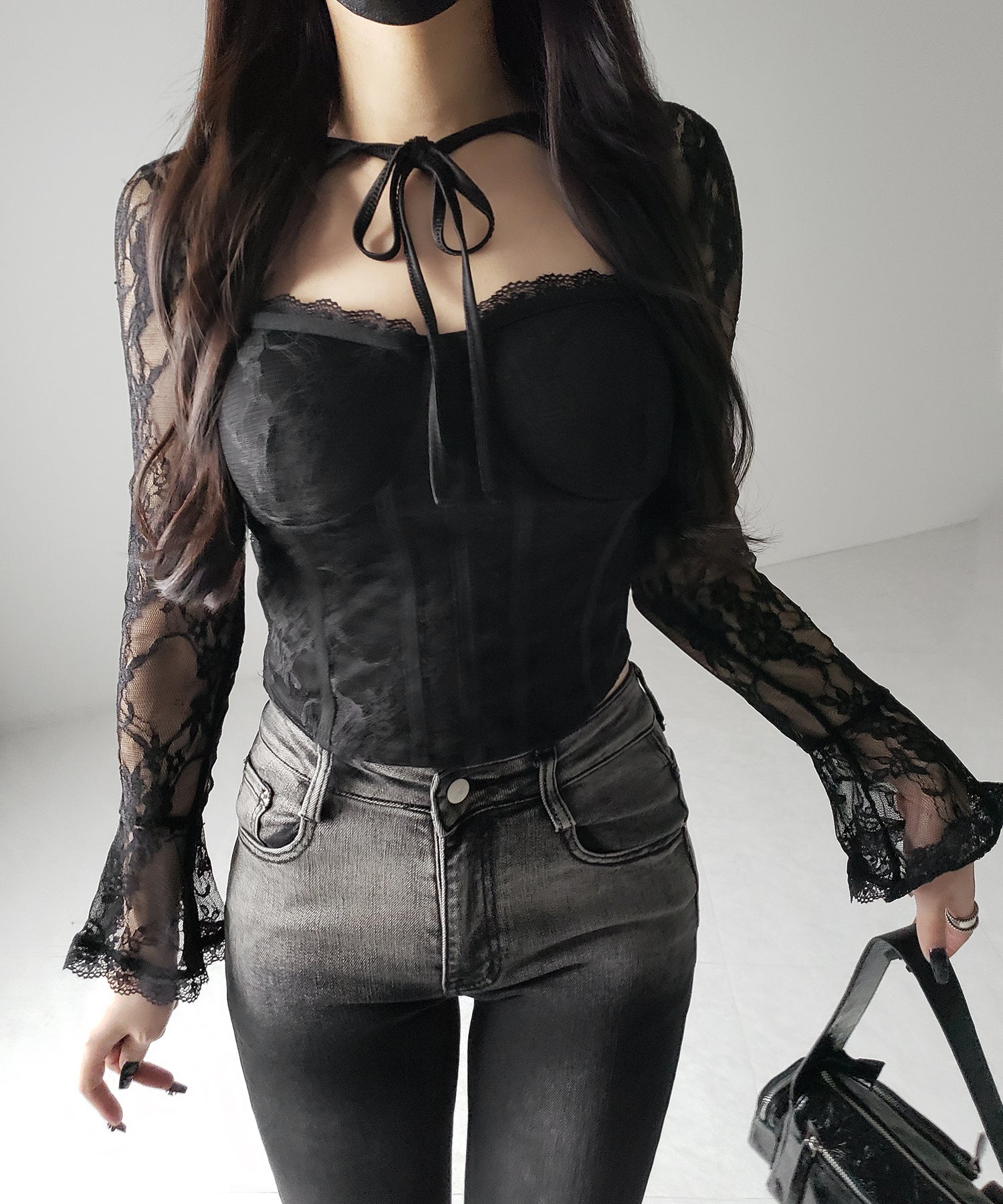 【 2color 】チョーカーネックリボンコルセットレーストップス / choker neck ribbon corset lace tops