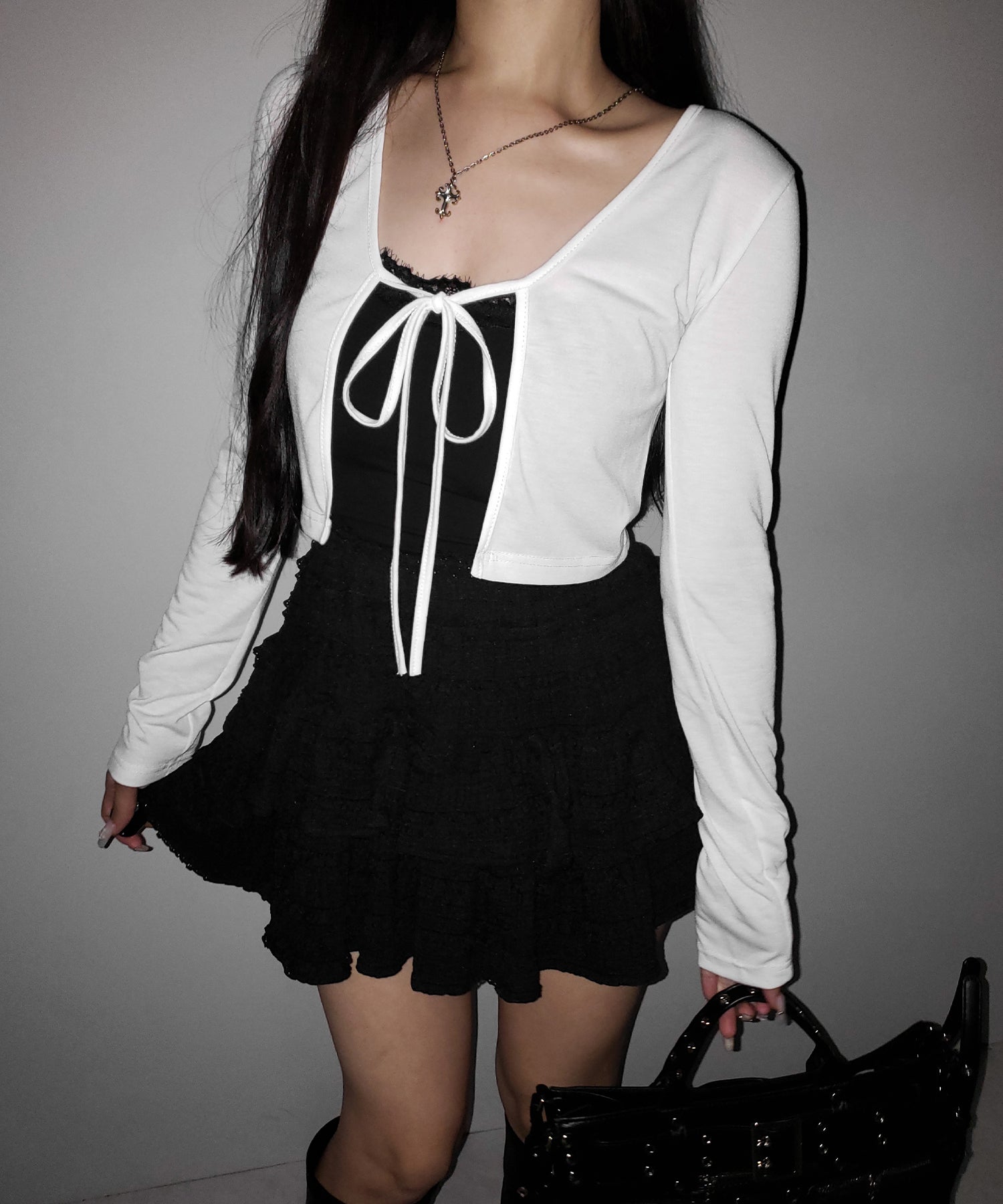 【 2color 】フロントリボンカットソーショートカーディガン / front ribbon cutsew short cardigan