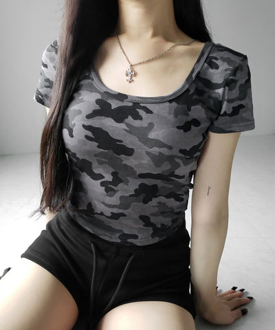 ヴィンテージカモフラスクエアネックショートTシャツ / vintage camouflage square neck short T-shirt