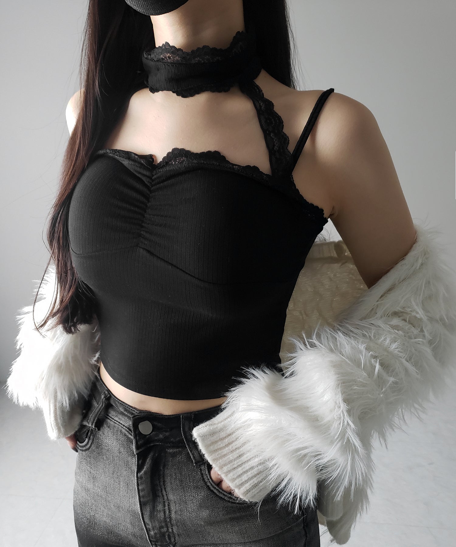 【 カップ付 】レースチョーカーストラップリブキャミソール / lace choker strap lib camisole