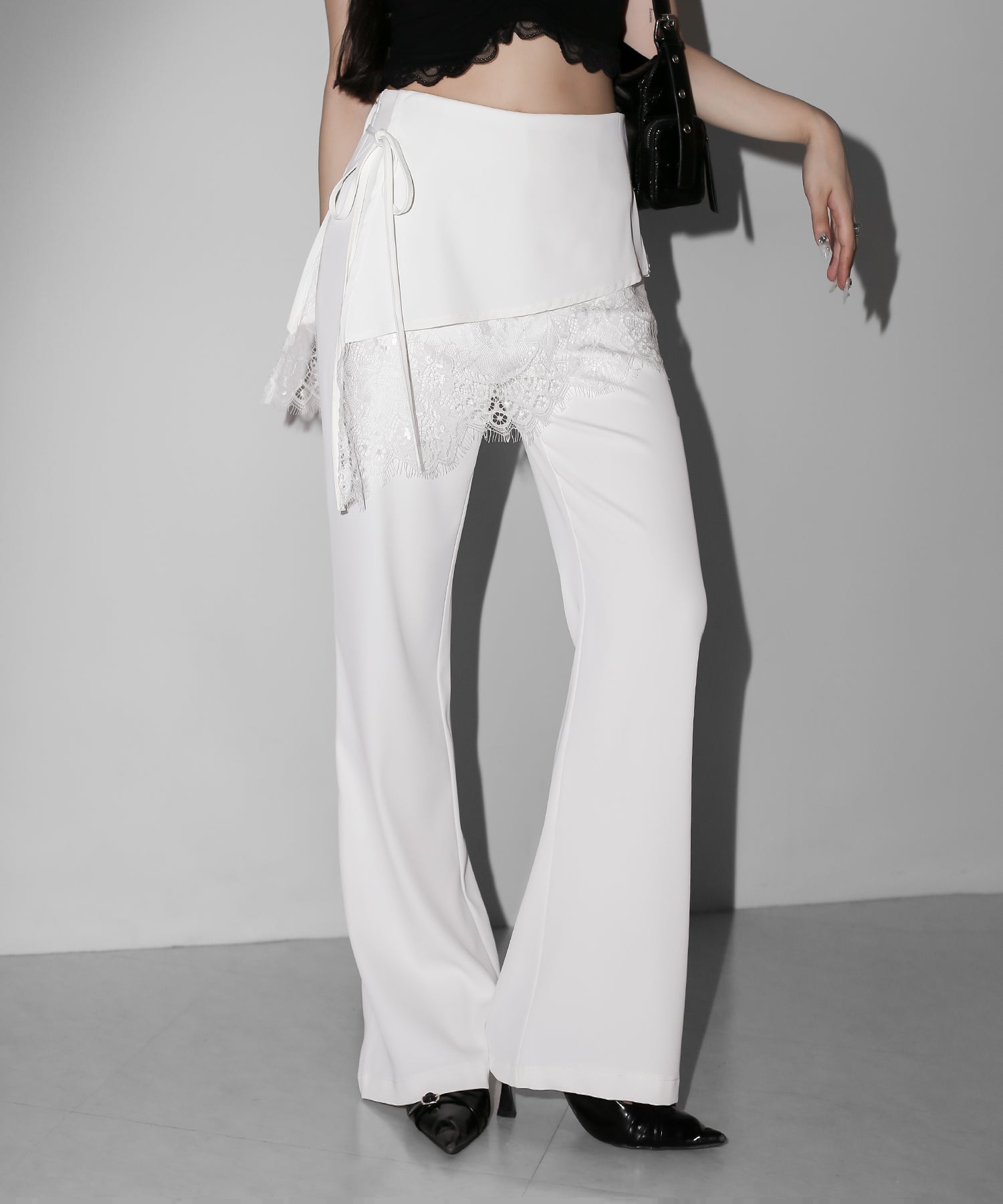 【3size 】レースレイヤードサイドリボンラップフレアスラックス / lace layered side ribbon wrap flare slacks