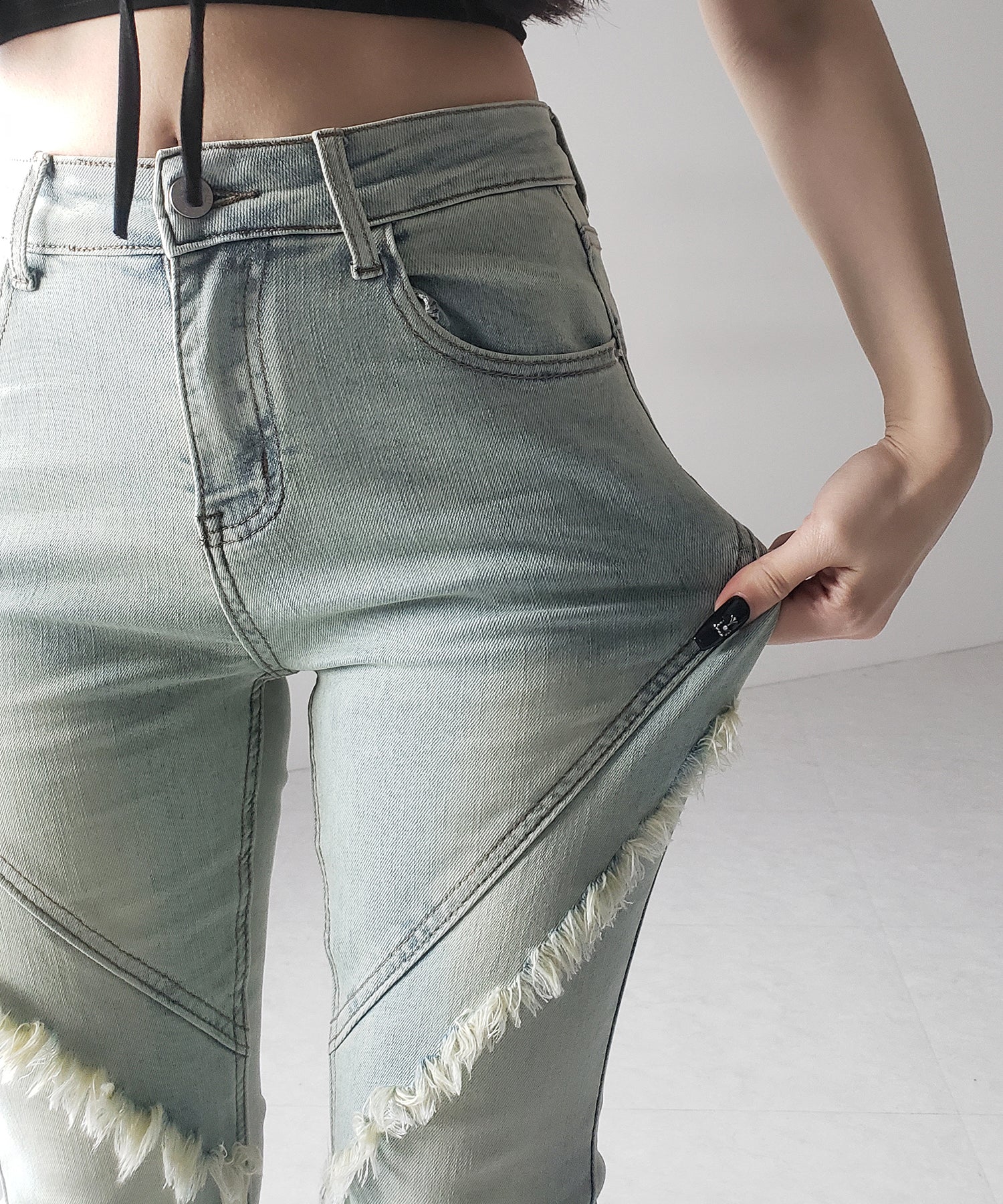 【 2color / 4size 】フリンジデザインヴィンテージライクストレッチフレアデニム / fringe design vintage-like stretch flare denim
