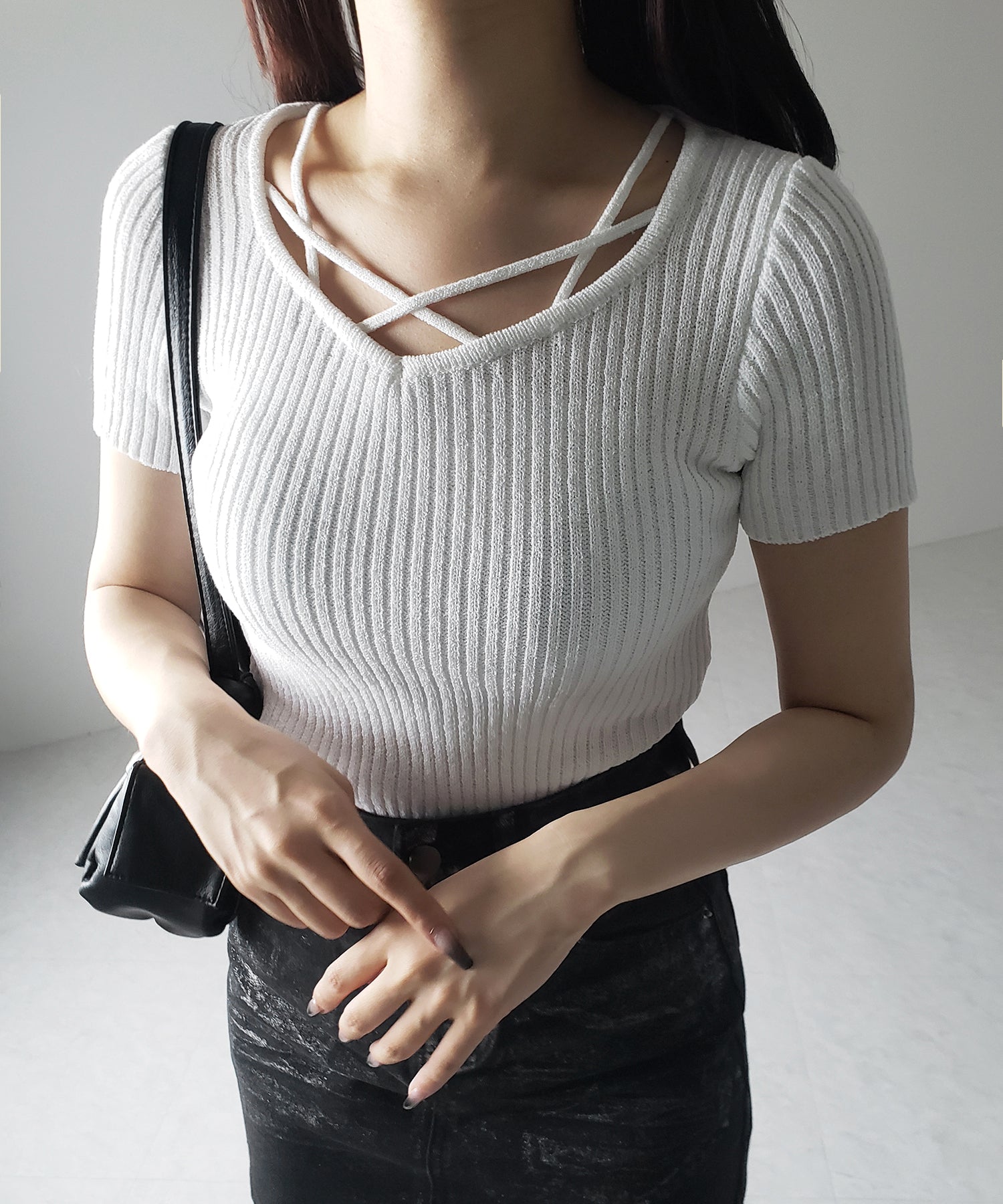 半袖クロスラインストラップデザインリブニット