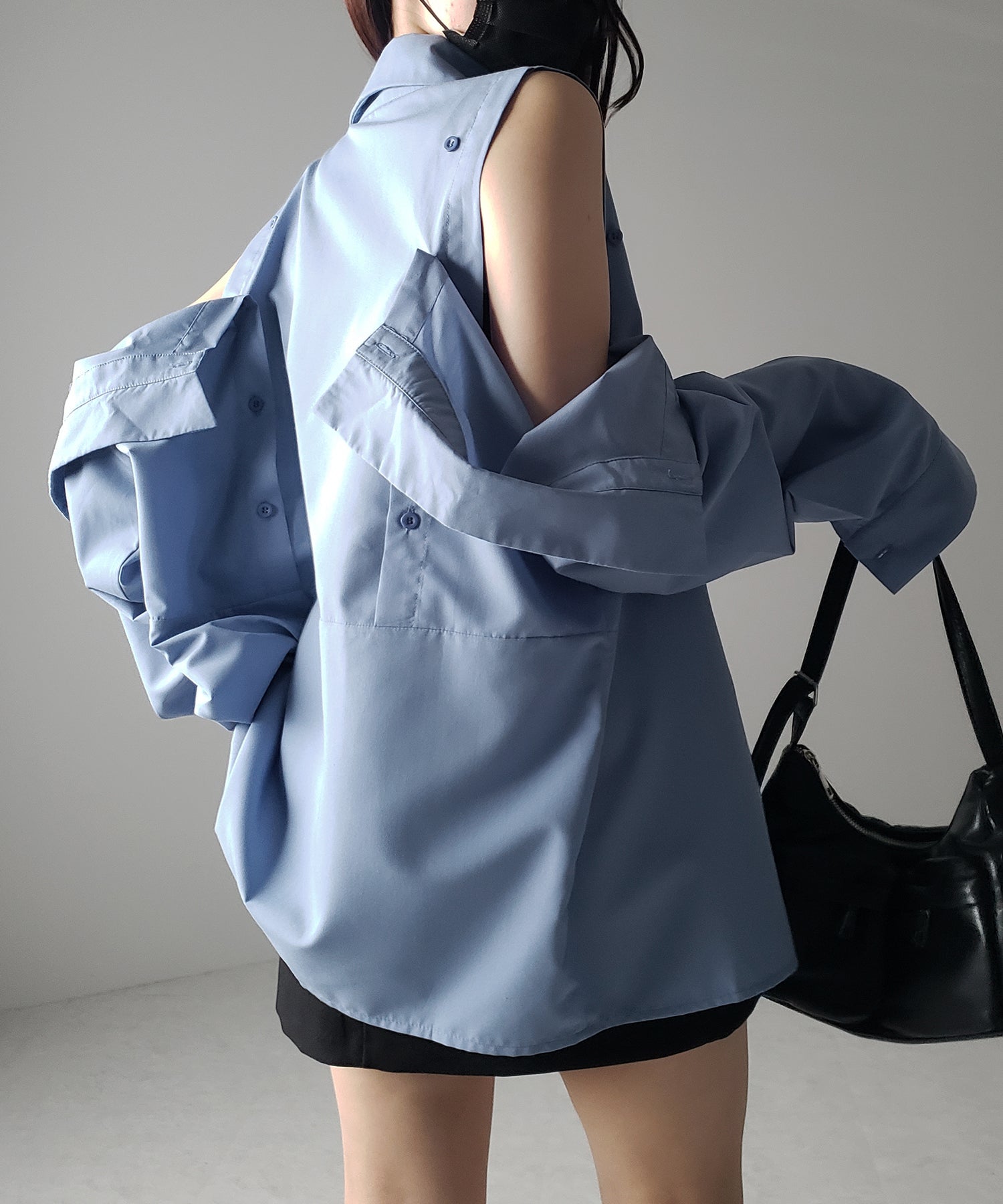 【 3color 】オープンショルダーカットアウトビッグシャツ / open shoulder cutout big shirt